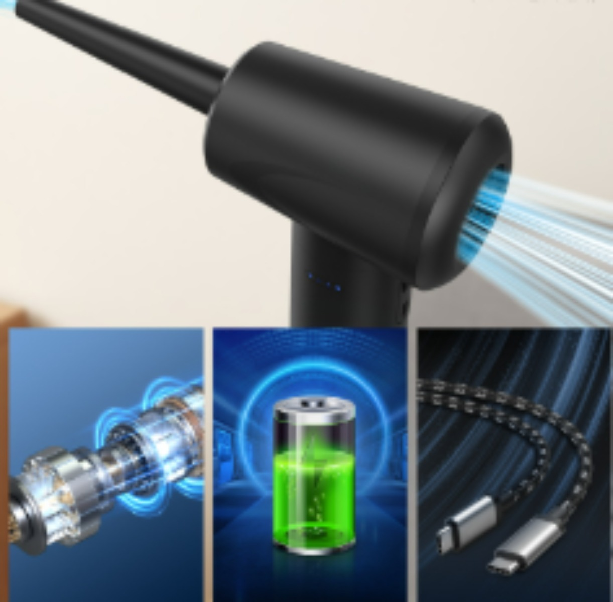 Ein schwarzer elektrischer Luftstaubsauger mit Motordetail, Akku und USB-C-Kabel.