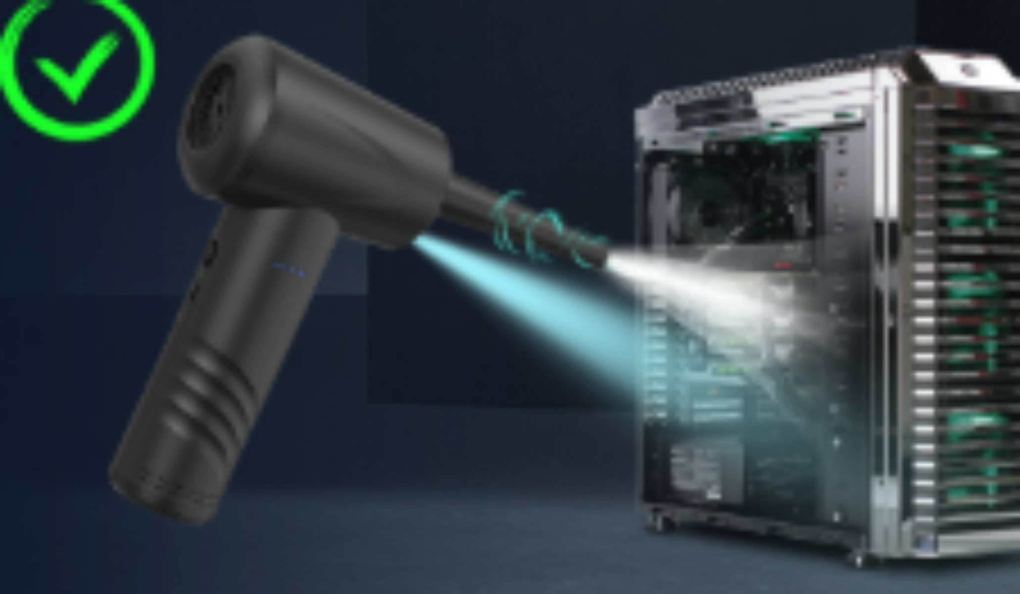 Ein schwarzer elektrischer Luftreiniger bläst Luft in einen offenen Computer, mit grünem Häkchen.