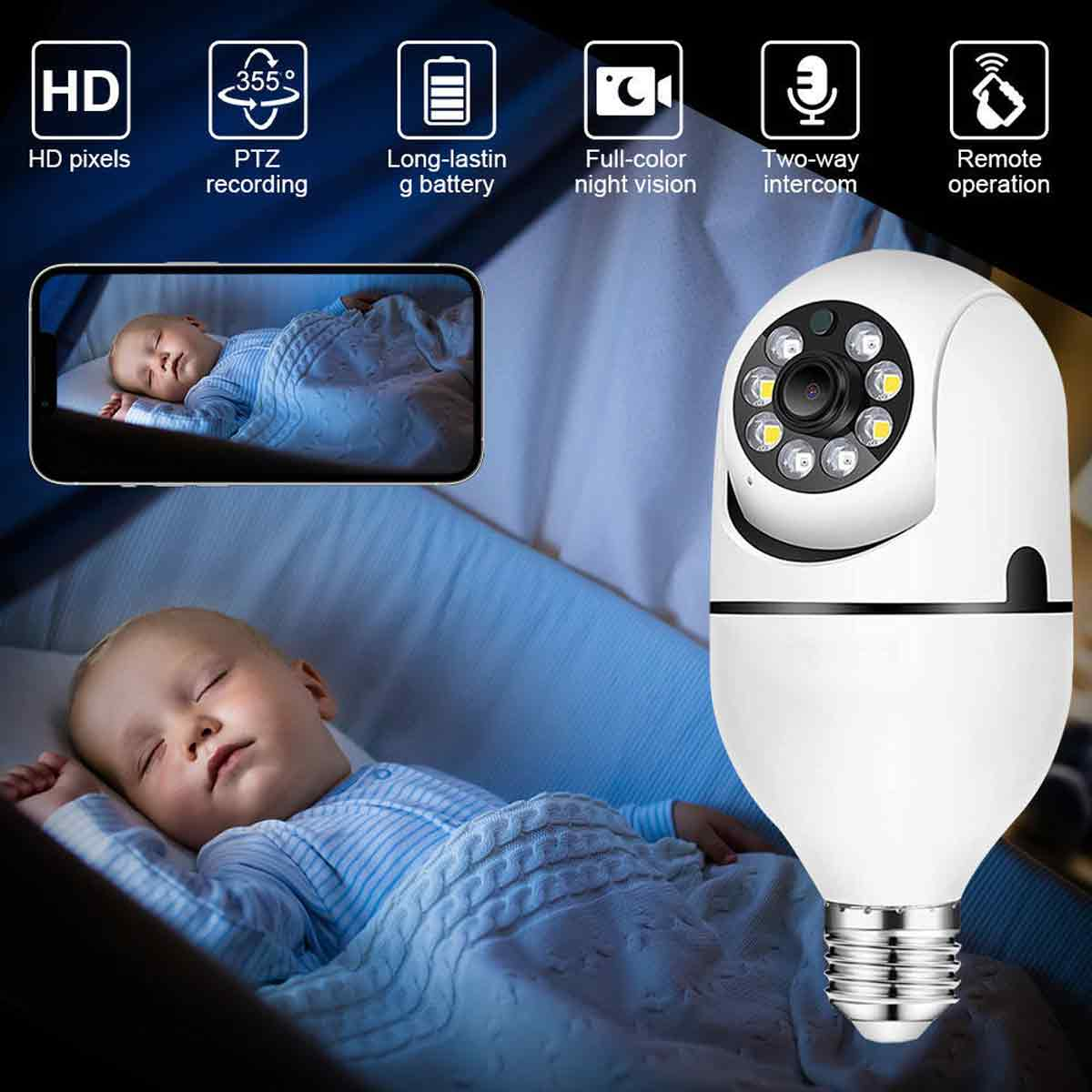 Eine glühbirnenförmige Überwachungskamera beobachtet ein schlafendes Baby im Bettchen.
