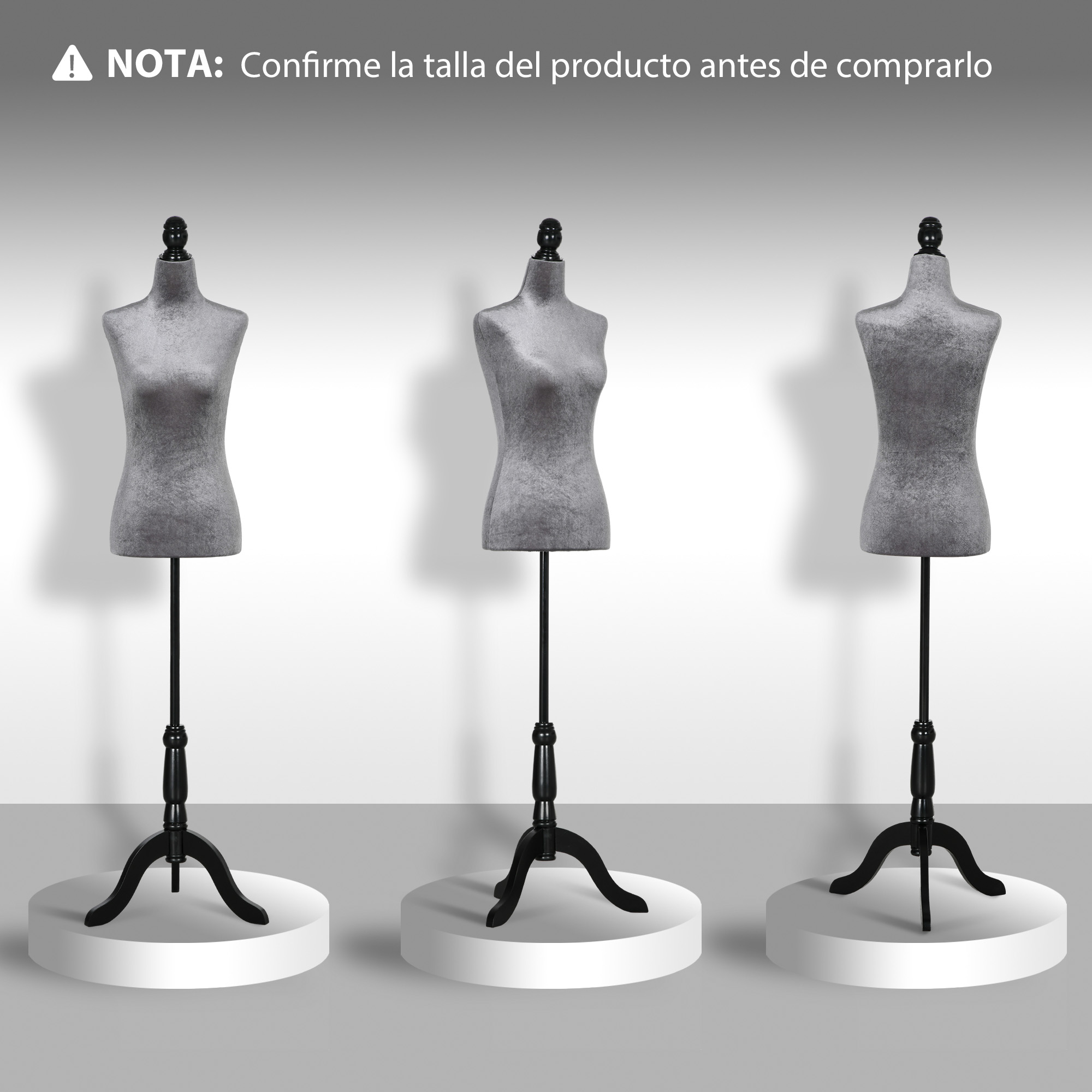 Tres maniquíes de costura grises sobre pedestales blancos con soportes negros.
