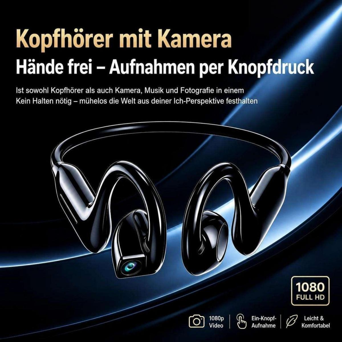 Schwarze Kopfhörer mit integrierter Kamera auf blauem Hintergrund und deutscher Text.