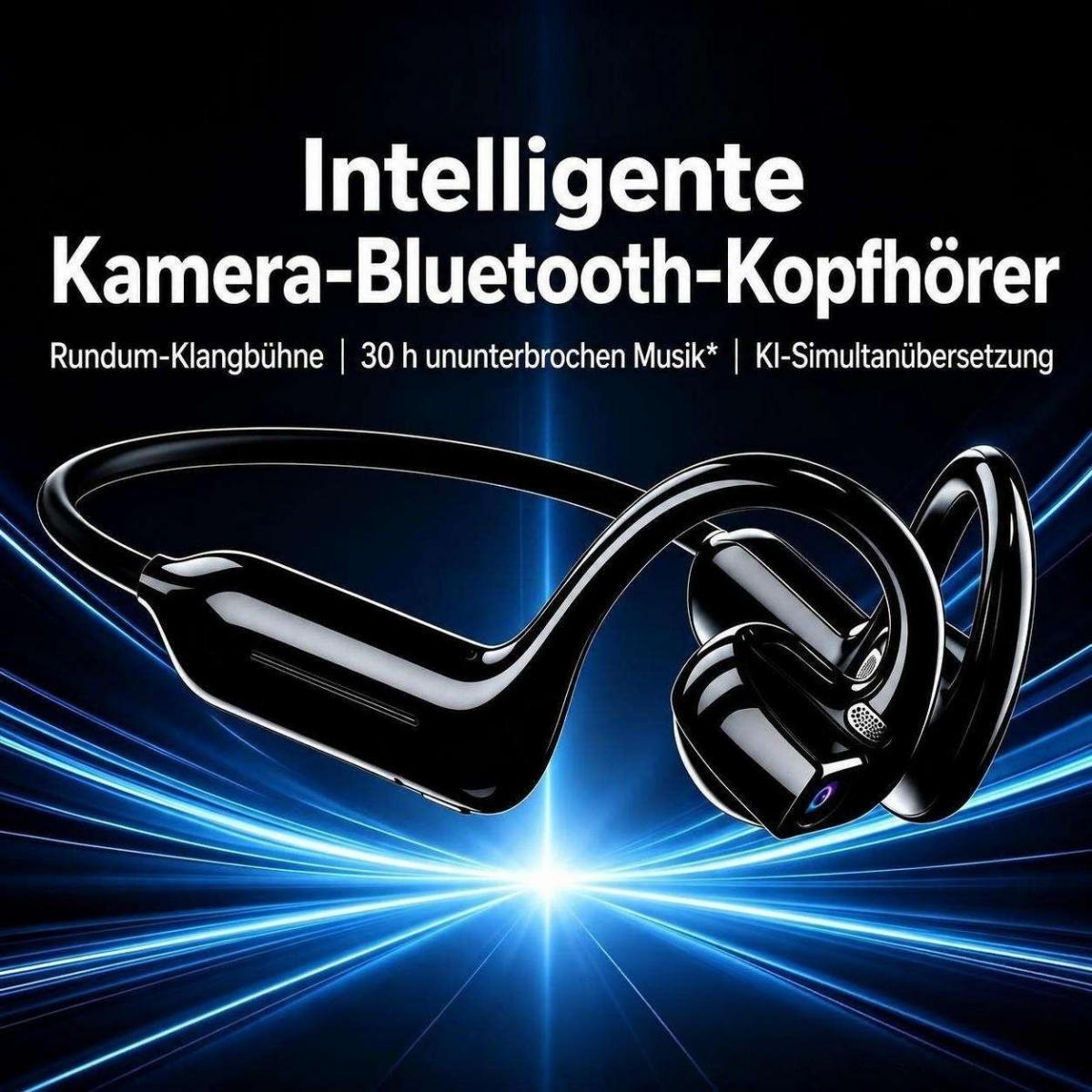 Schwarze Bluetooth-Kopfhörer mit Kamera auf blauem Hintergrund mit Lichteffekten und deutschem Text.