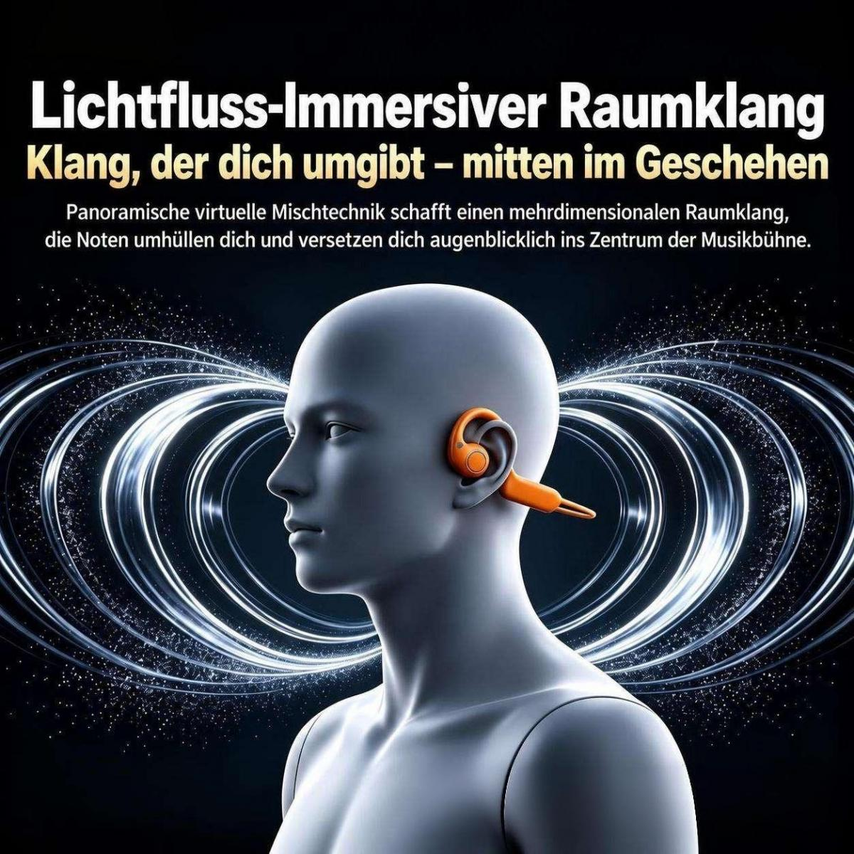 Eine weiße Kopffigur trägt einen orangenen Kopfhörer mit umlaufenden Lichtwellen und deutscheem Werbetext.