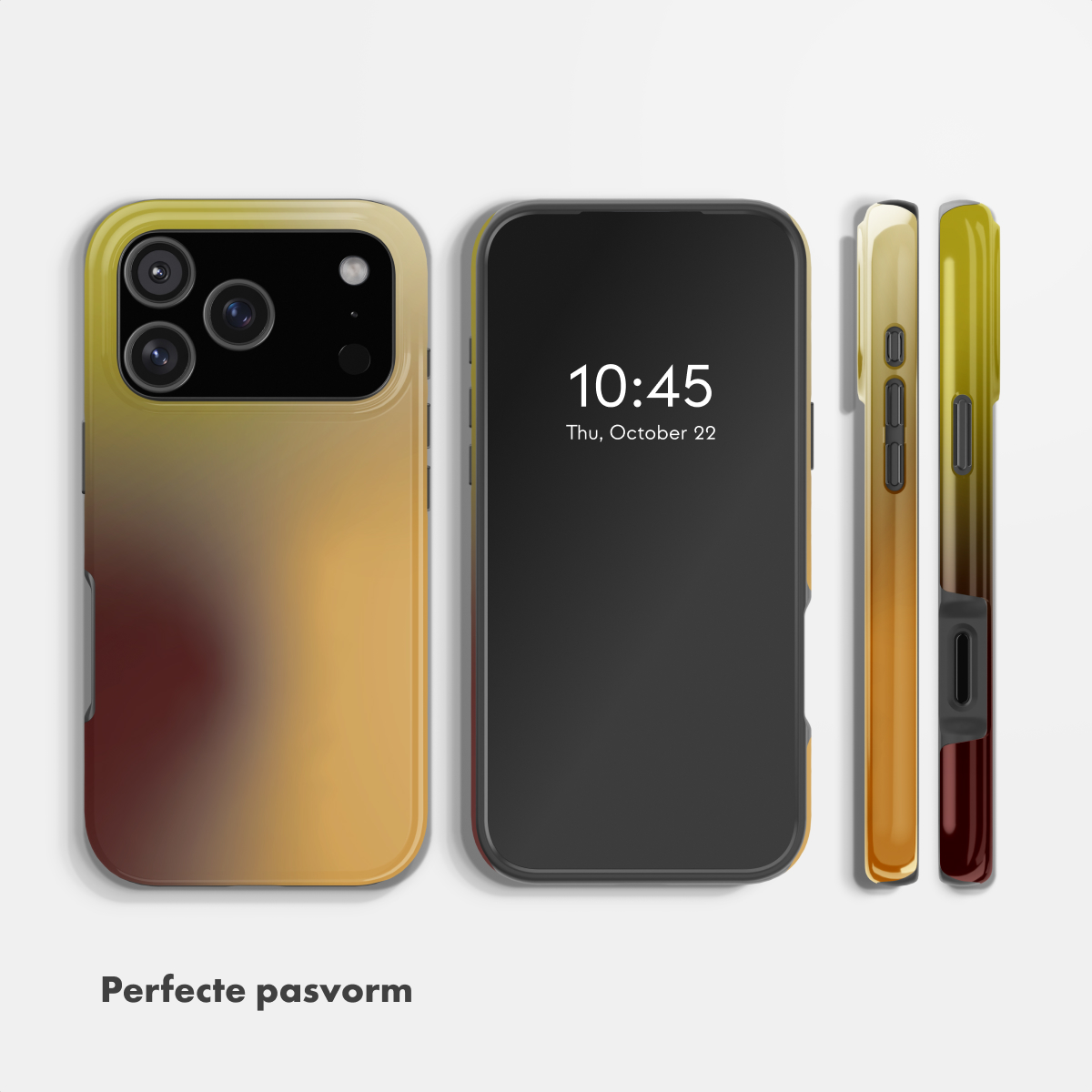 Verschillende hoeken van een smartphonehoesje met geel-rode gradiënt op een witte achtergrond.
