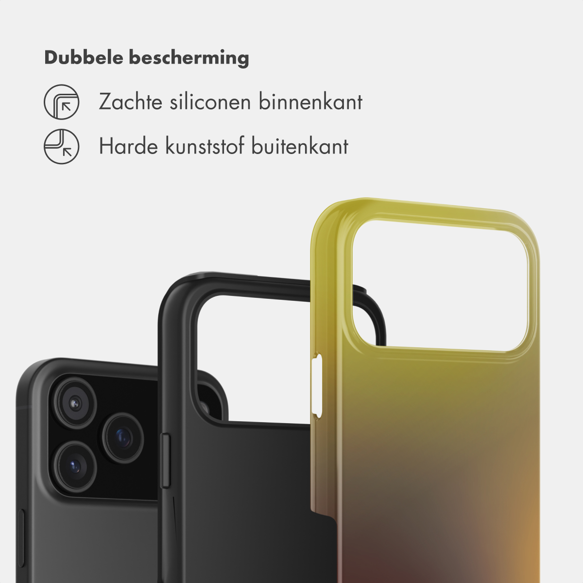 Dubbele bescherming met zachte siliconen binnenkant en harde kunststof buitenkant.
