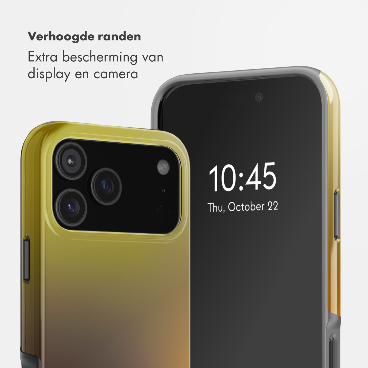 Twee smartphones in gouden en grijze hoesjes met scherm en camera, met Nederlandse tekst.