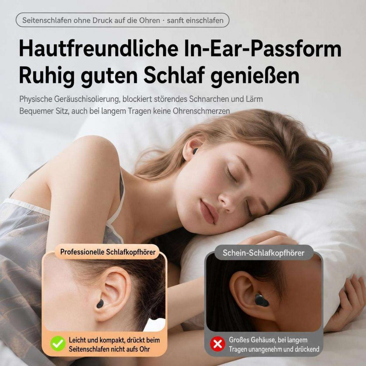 Eine Frau schläft friedlich auf einem Kissen, mit kleinen Schlaf-Ohrstöpseln in den Ohren, Text-Overlays auf Deutsch.