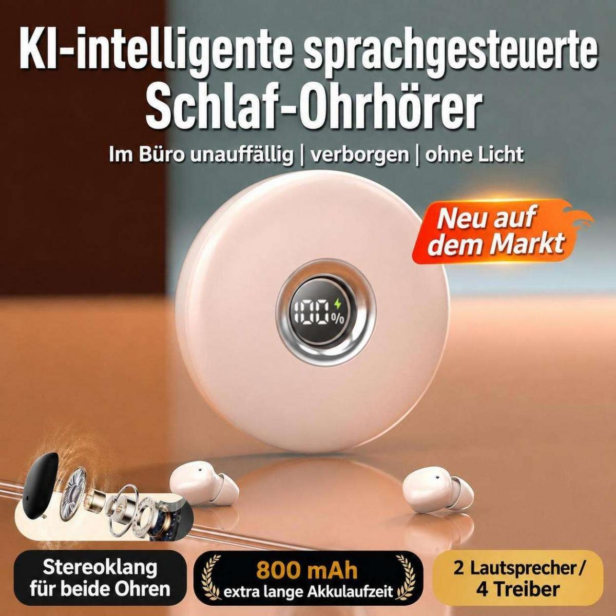 Produktwerbung für rosafarbene AI-Schlaf-Ohrhörer in einem runden Ladecase mit Digitalanzeige.
