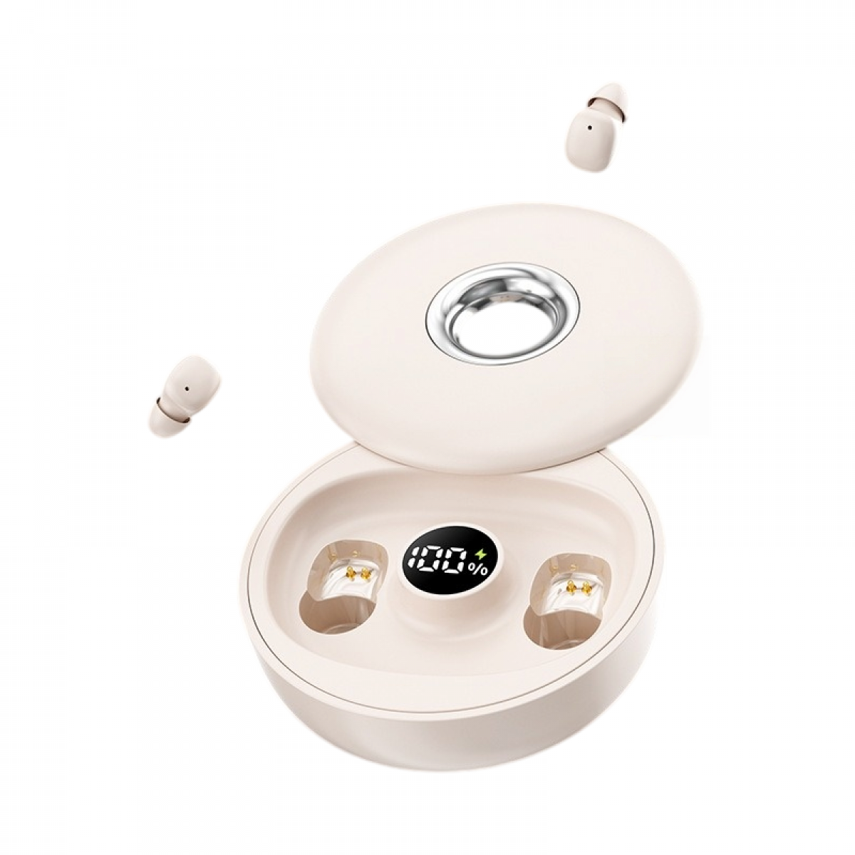 Beige kabellose Ohrhörer mit Ladeetui und digitaler 100%-Anzeige.