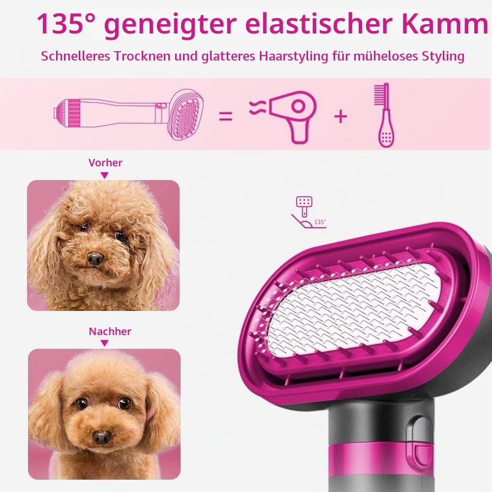 Werbung für Haustier-Föhnbürste mit einem Pudel vor und nach dem Bürsten.