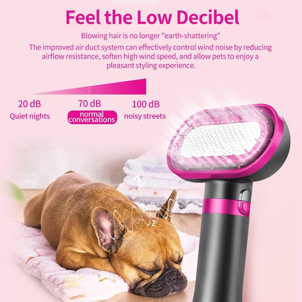 Ein schlafender Hund liegt neben einem ruhigen rosa Haartrockner für Haustiere, mit Dezibel-Vergleich.