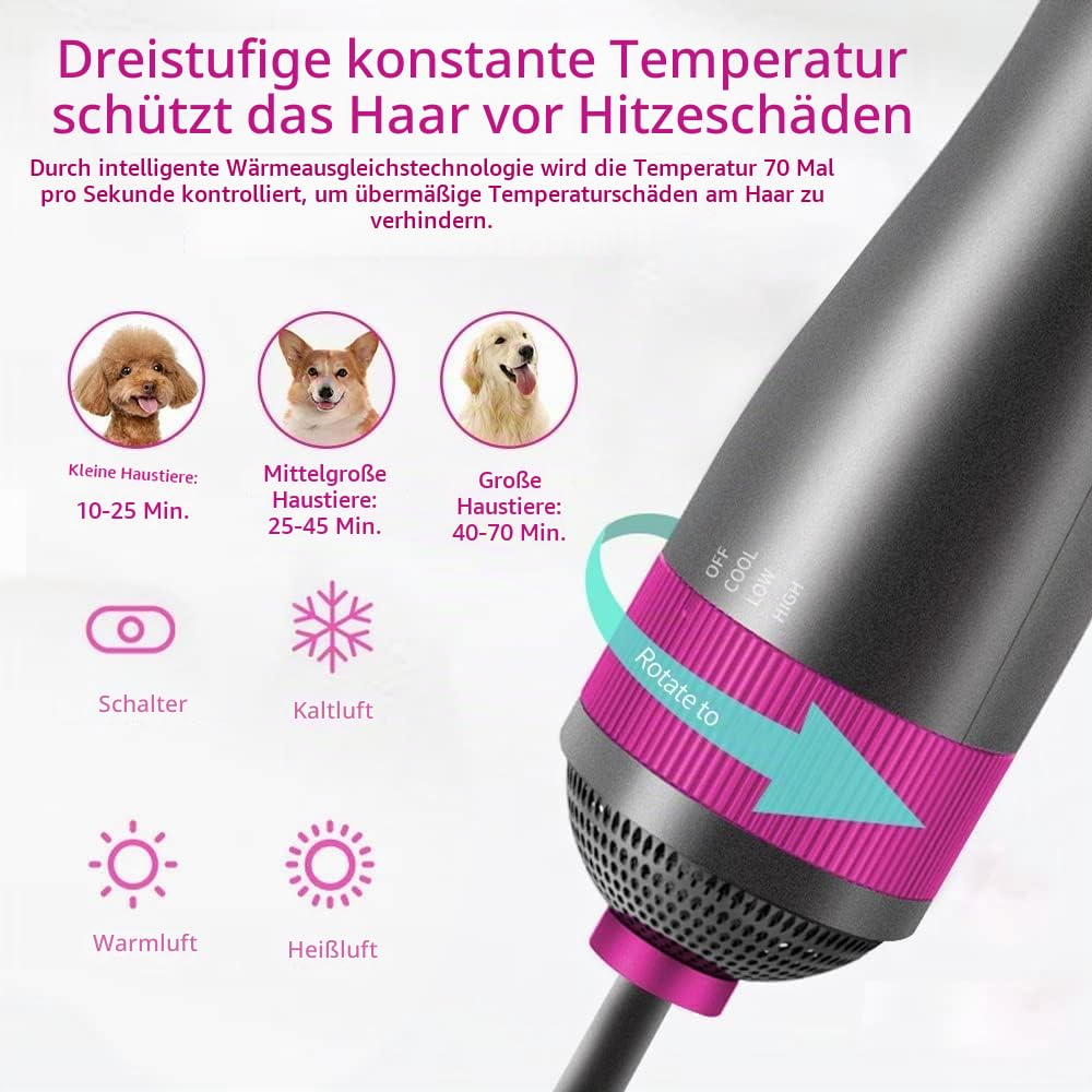 Infografik zeigt Haartrockner mit Temperatureinstellungen für verschiedene Haustiergrößen und Funktionen.