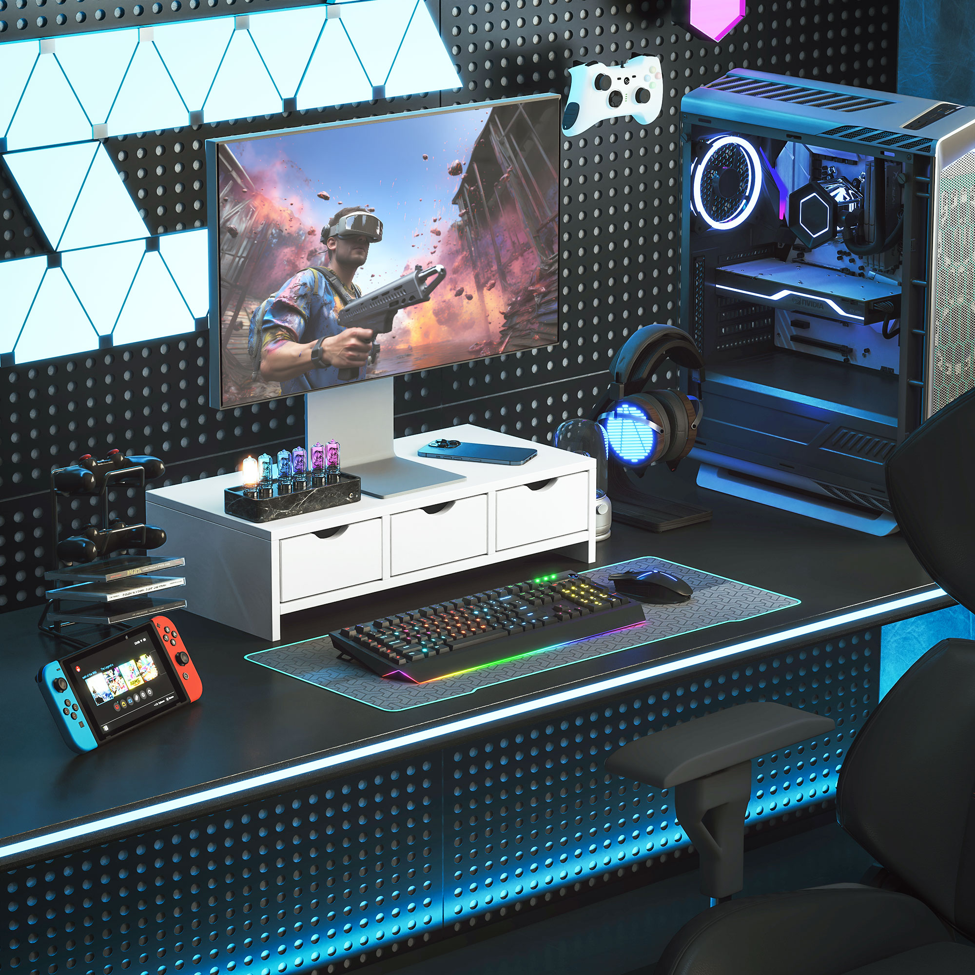 Un setup de juegos moderno con PC, monitor grande, teclado iluminado, mandos y luces azules.