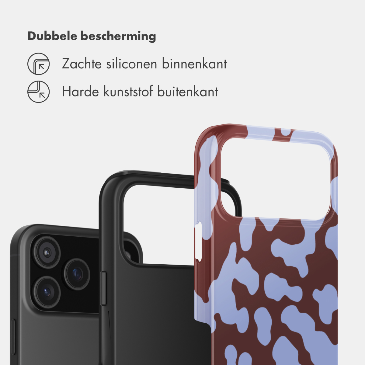 Dubbele bescherming met zachte siliconen binnenkant en harde kunststof buitenkant.