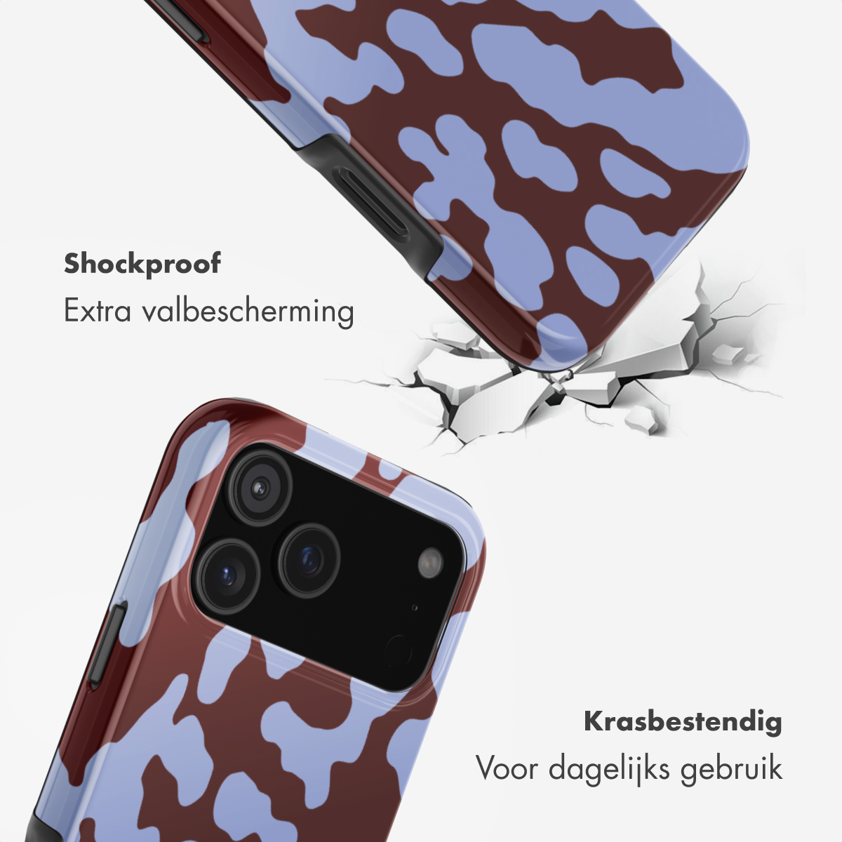 Schokbestendig telefoonhoesje met blauw-bruin patroon, biedt val- en krasbescherming.