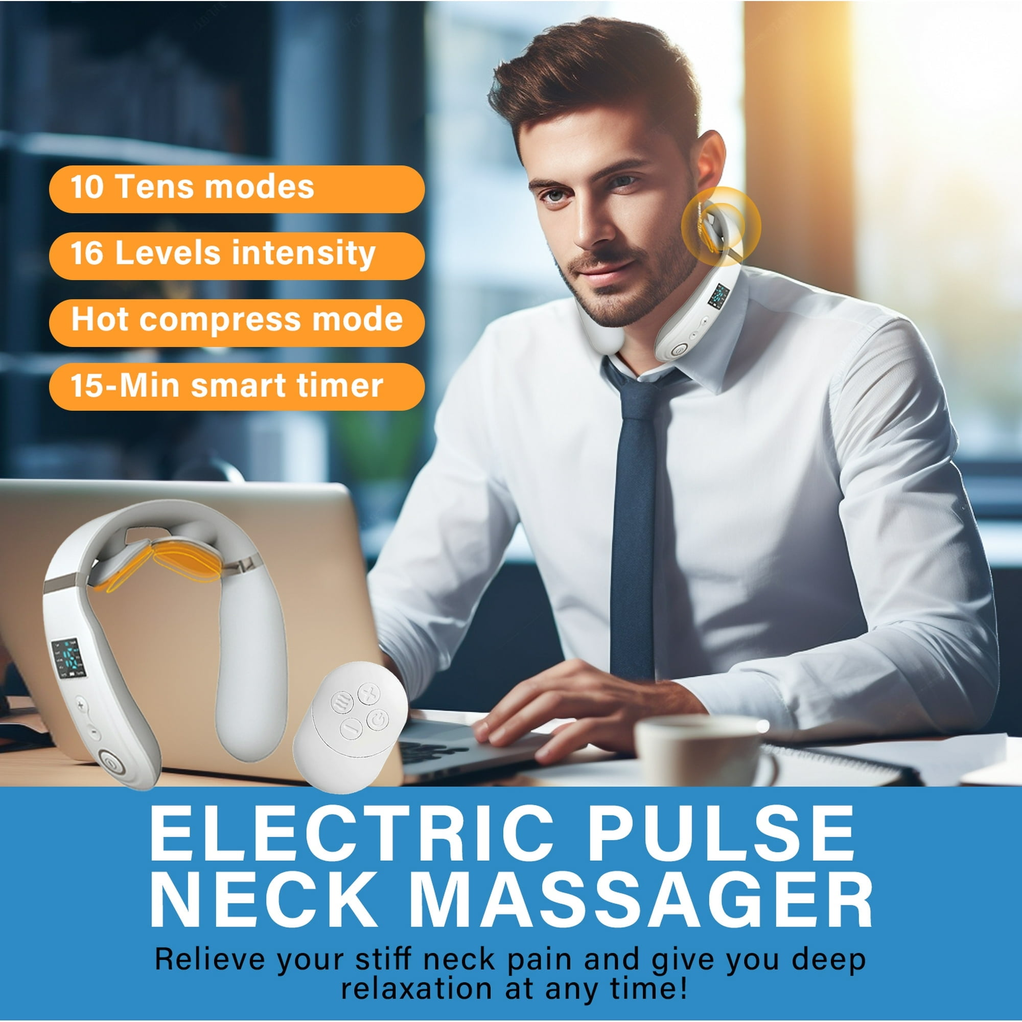 Ein Mann im Hemd trägt ein elektronisches Nackenmassagegerät im Büro mit Laptop und Textfeldern.