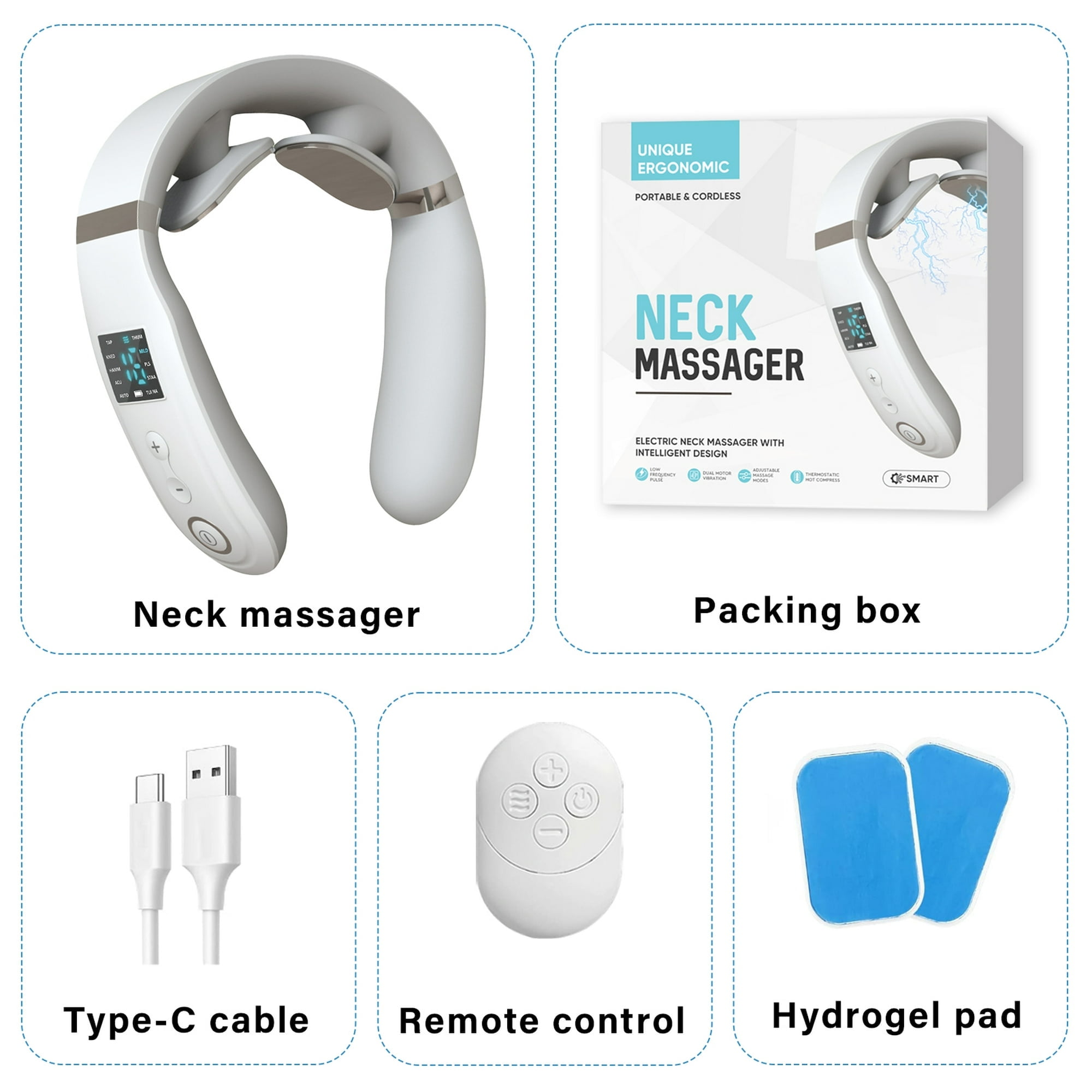 Nackenmassagegerät mit Verpackung, USB-C-Kabel, Fernbedienung und Hydrogel-Pads.