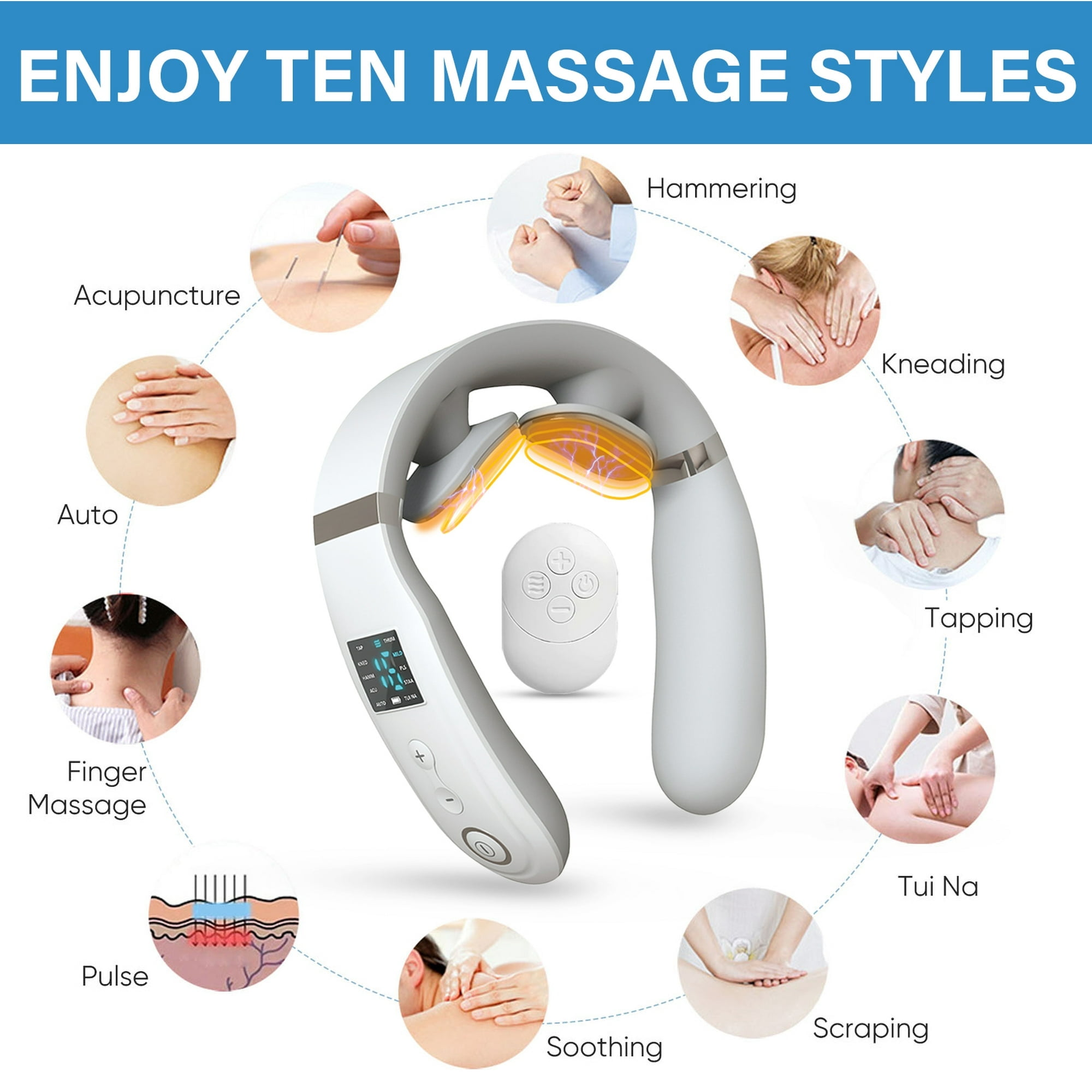 Nackenmassagegerät mit zehn verschiedenen Massagearten und den dazugehörigen Handgriffen umgeben.