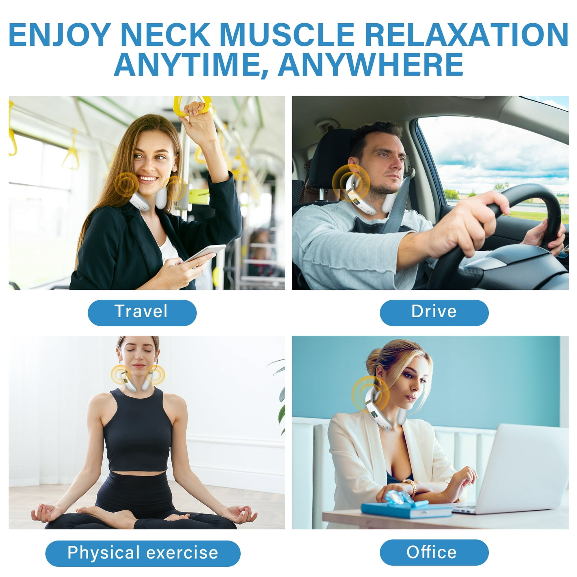 Vier Bilder zeigen Menschen mit tragbaren Nackenmassagegeräten bei Reisen, beim Autofahren, beim Yoga und im Büro.