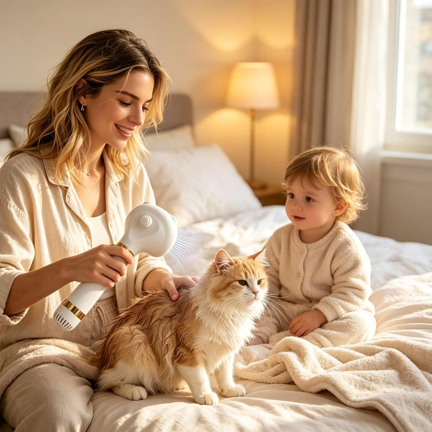 Eine blonde Frau bürstet eine Katze mit einem elektrischen Kamm auf einem Bett, während ein Kleinkind zusieht.