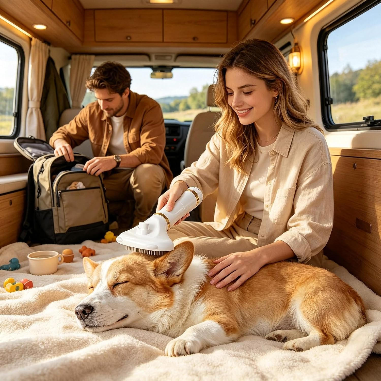 Eine Frau bürstet einen schlafenden Corgi im Wohnmobil, während ein Mann im Hintergrund einen Rucksack auspackt.