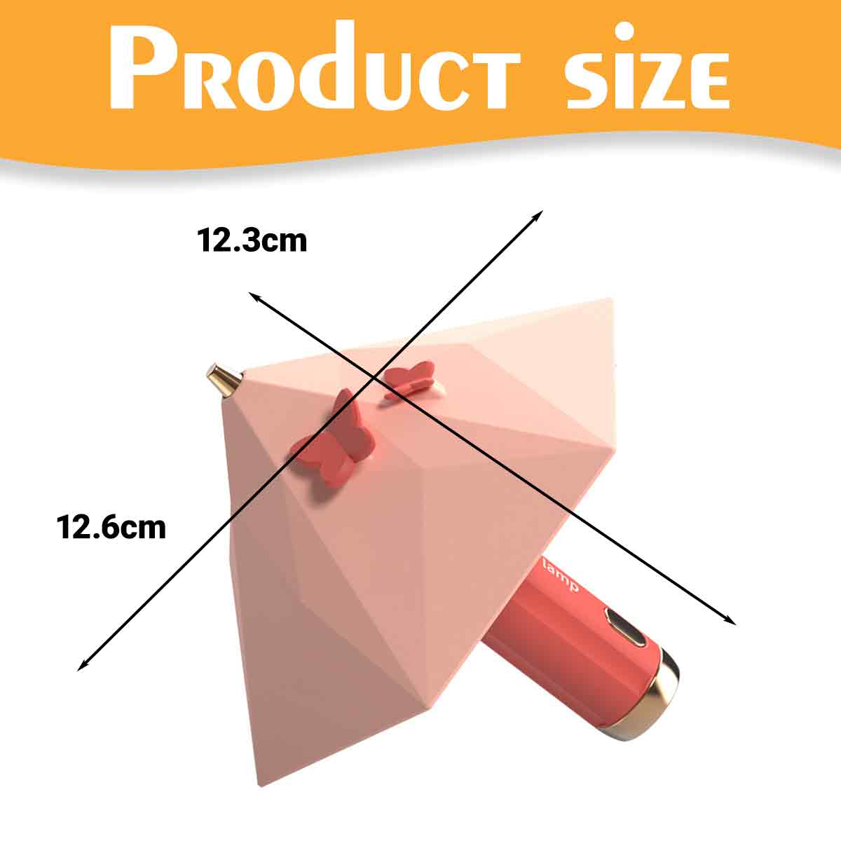 Diagramm zeigt die Produktgröße eines rosafarbenen Regenschirms mit Messungen von 12,3 cm und 12,6 cm.
