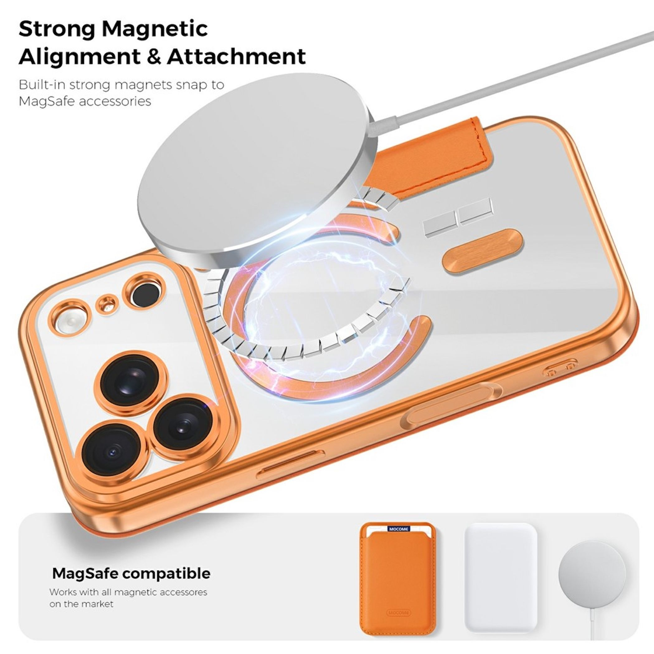Eine transparente Handyhülle mit orangefarbenem Rand und magnetischem Ladegerät.