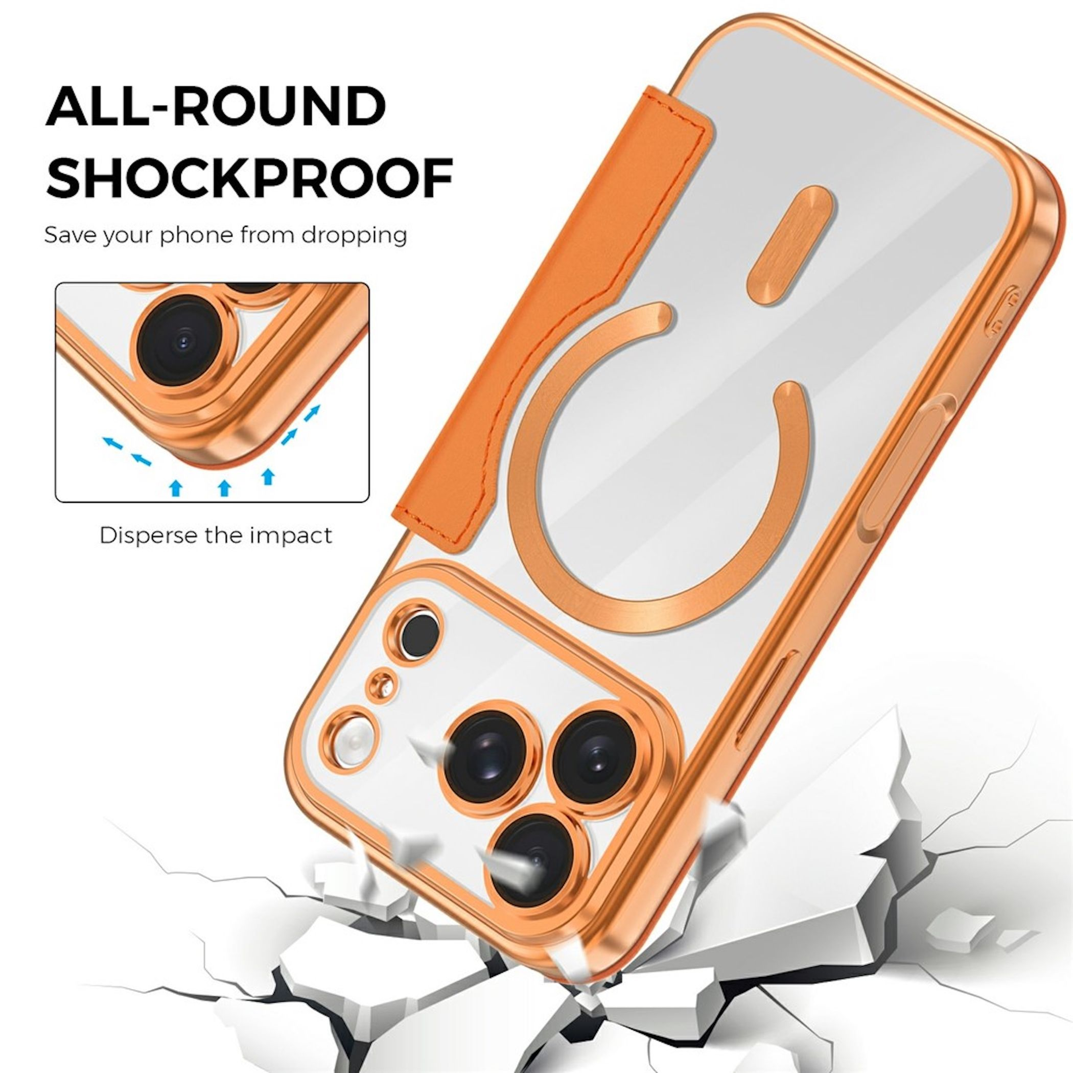 Sturzfester, transparenter Handyhalter mit orangefarbenem Rahmen und MagSafe-Magnetring über zerbrochener Oberfläche.