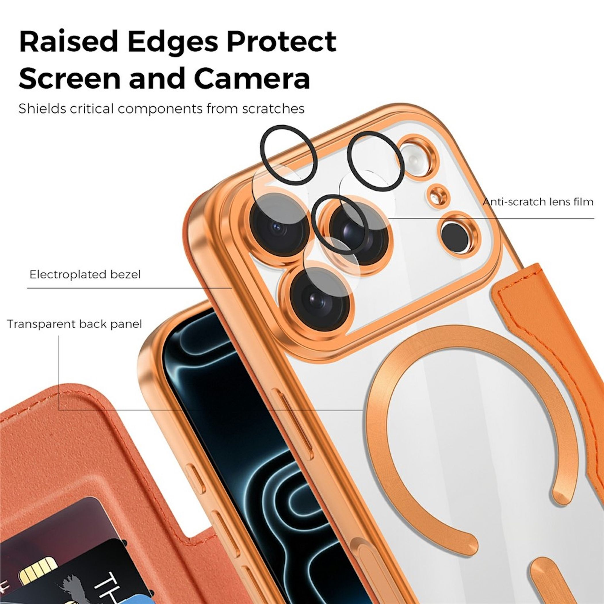 Eine roségoldene Handyhülle mit transparentem Rücken, MagSafe-Ring und Kameraschutz.