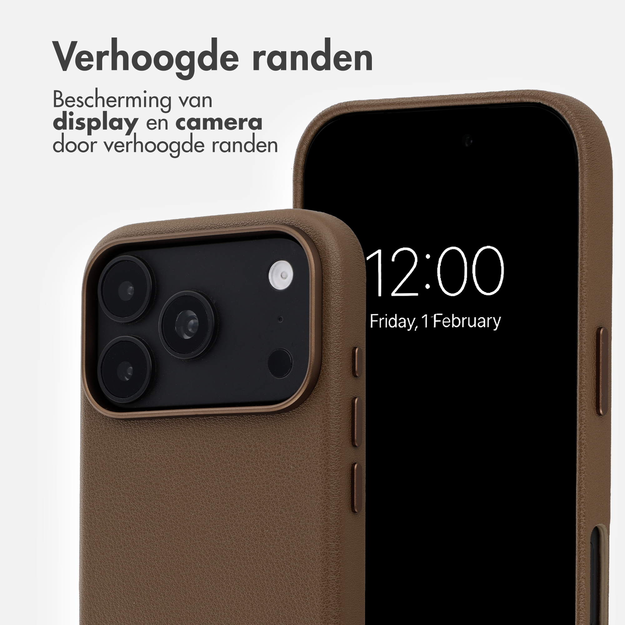 Zwei Handys in braunen Ledercase-Hüllen mit erhöhten Rändern für Display- und Kameraschutz.