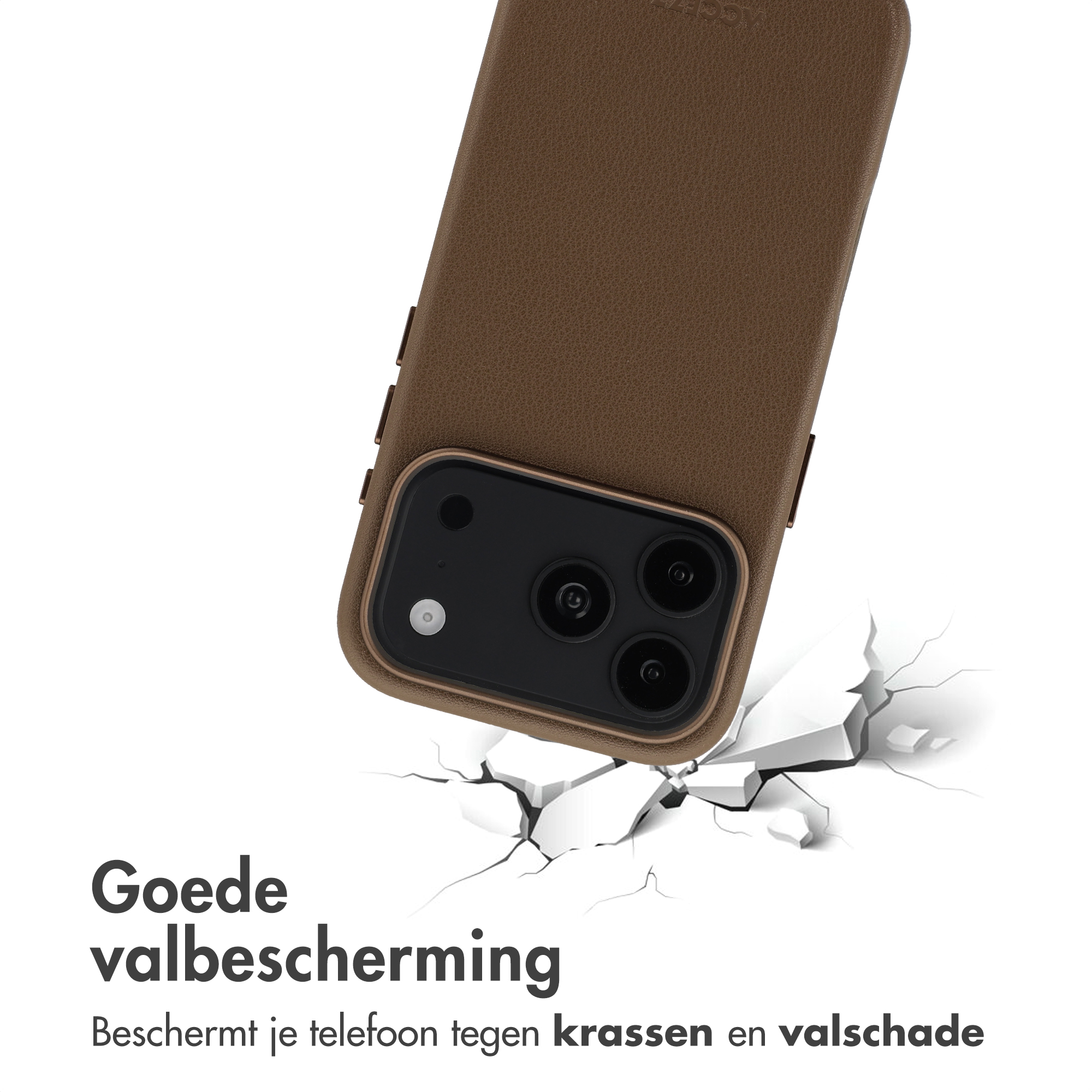 Braune Lederhandyhülle über einer rissigen Oberfläche mit Text.