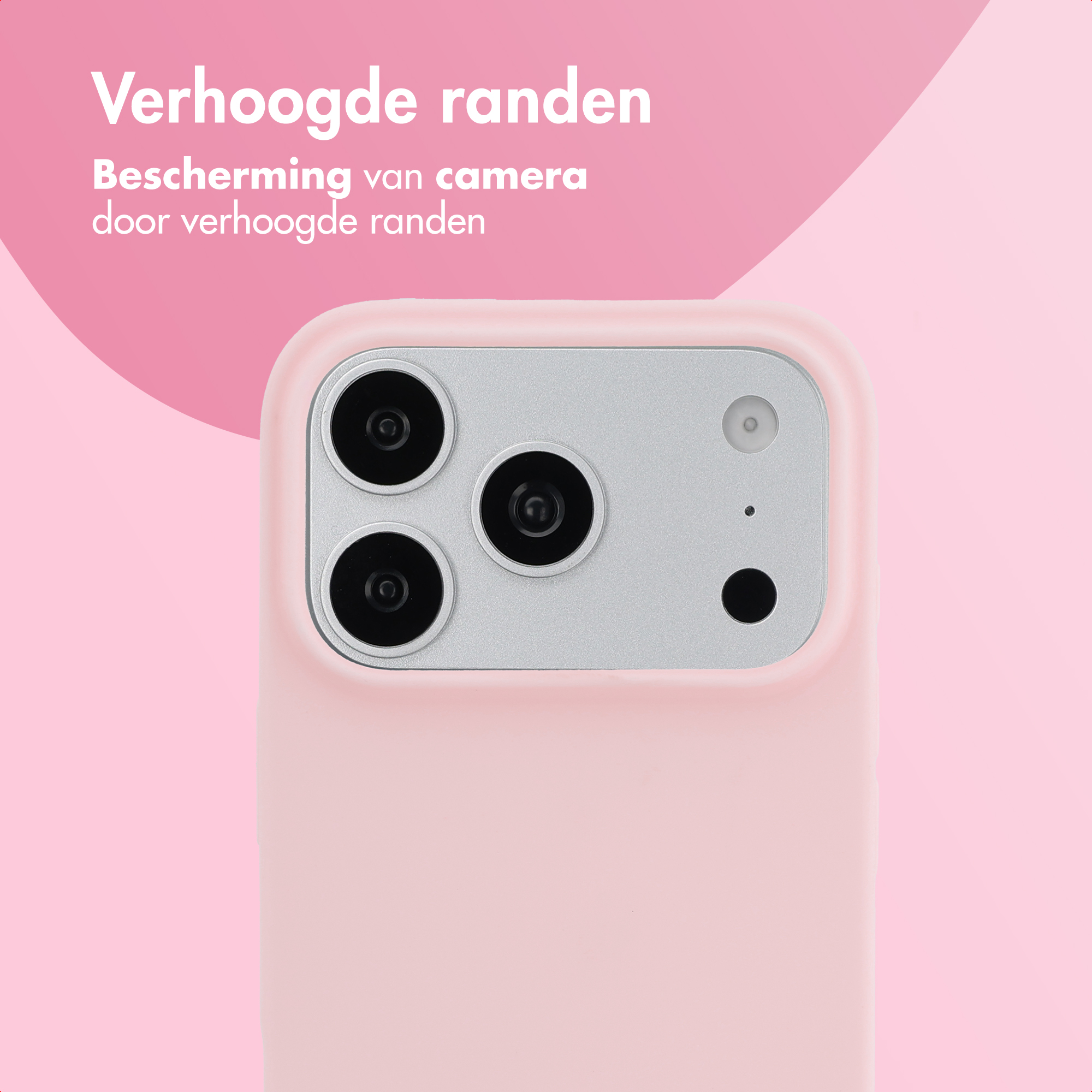 Roze telefoonhoesje met een verhoogde rand rond de camerasystemen.