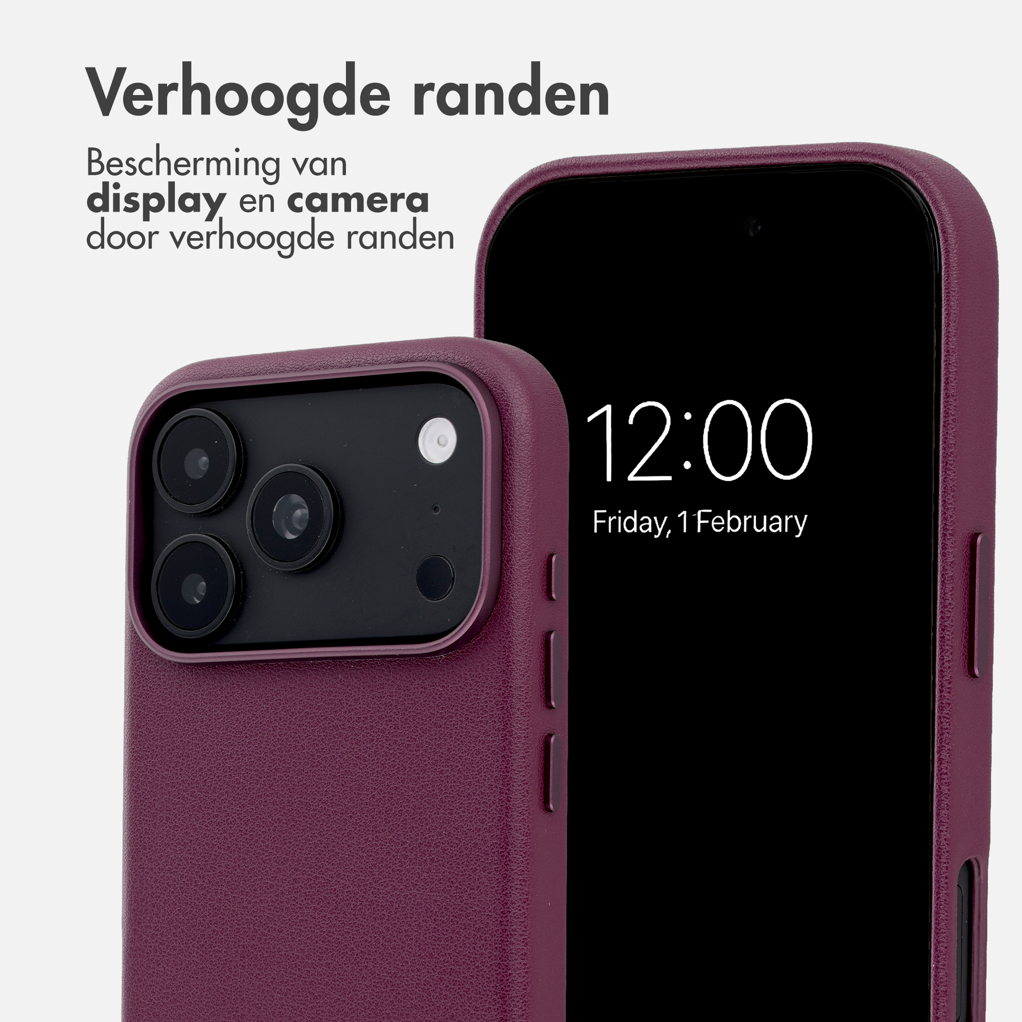 Zwei Smartphones in dunkelvioletten Hüllen zeigen Bildschirm und Kamera mit erhöhten Rändern.
