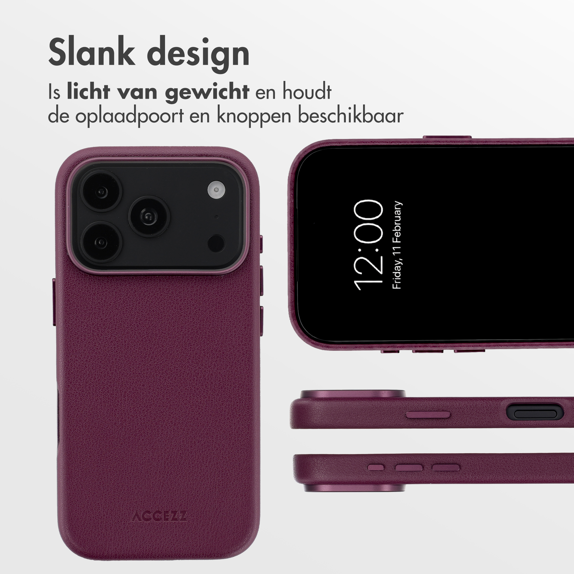 Eine lila Leder-Smartphone-Hülle von hinten, vorne und der Seite, mit niederländischem Werbetext.
