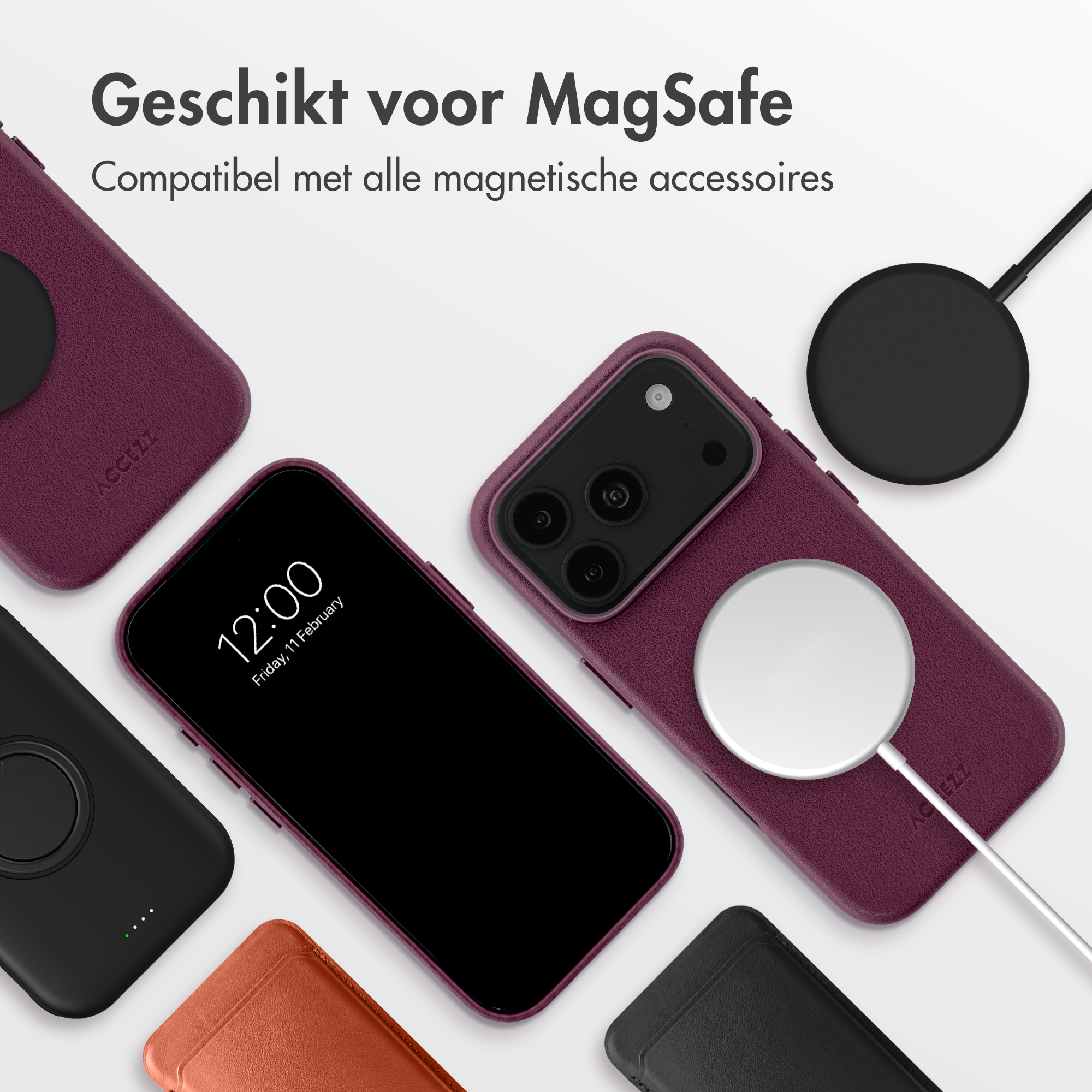 MagSafe-Handyhüllen in verschiedenen Farben mit kabellosem Ladegerät auf weißem Hintergrund.