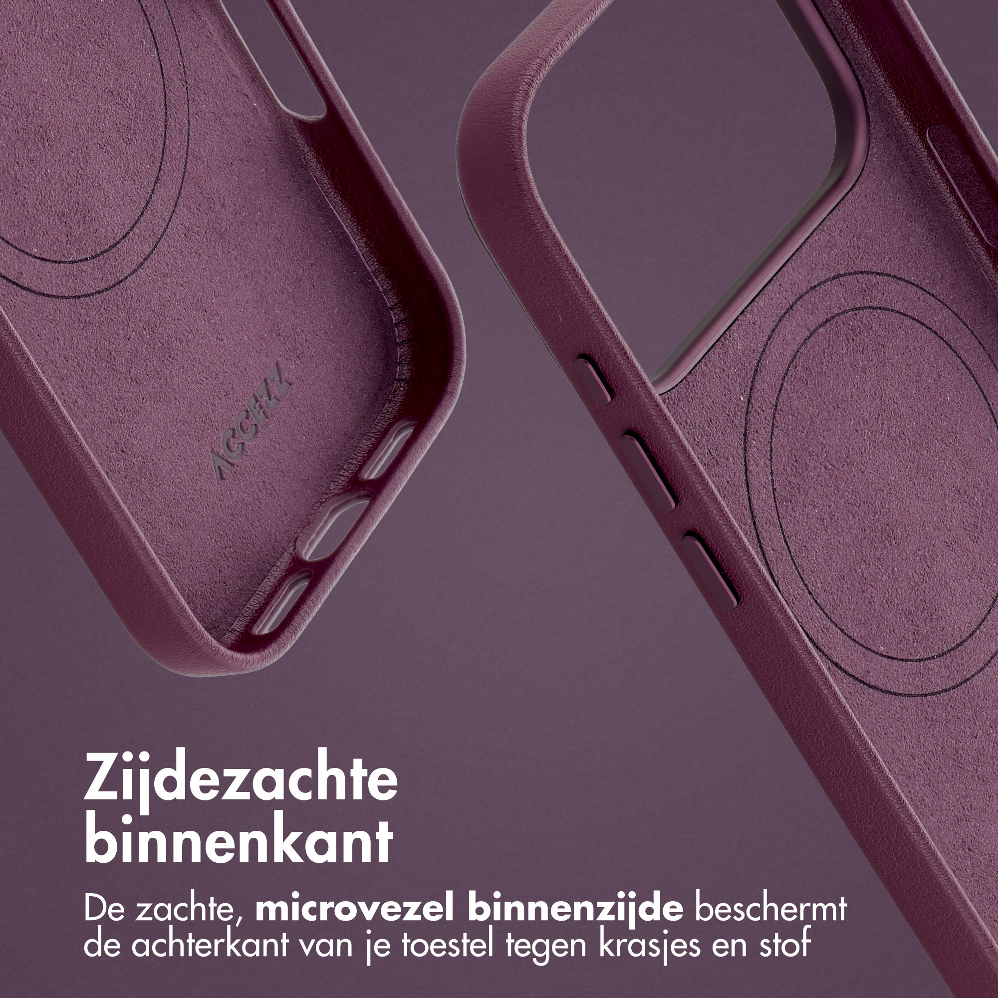 Zwei dunkelviolette Handyschalen mit weichem Mikrofaserfutter auf passendem Hintergrund, mit niederländischem Text.