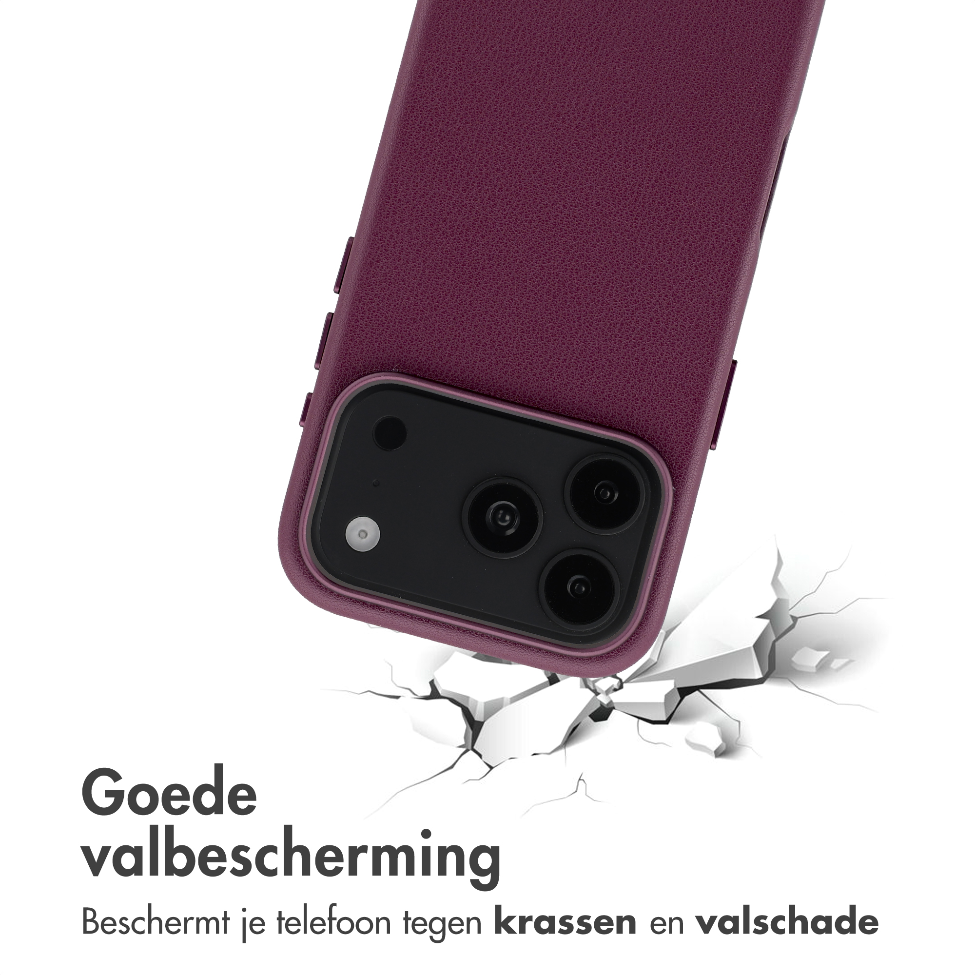 Eine lila Lederhandyhülle über einer gerissenen Oberfläche, die Sturzschutz zeigt.