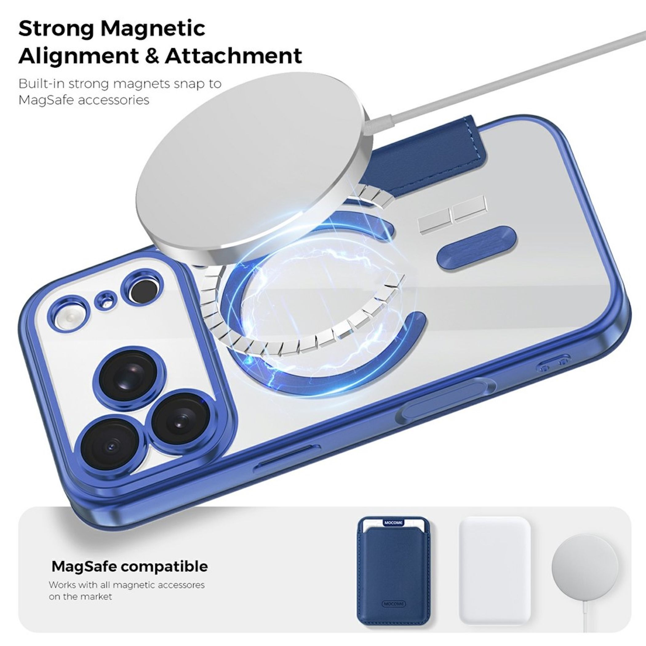 Blaue Schutzhülle mit integriertem Magneten zur MagSafe-Anbindung und Ladeplatte.