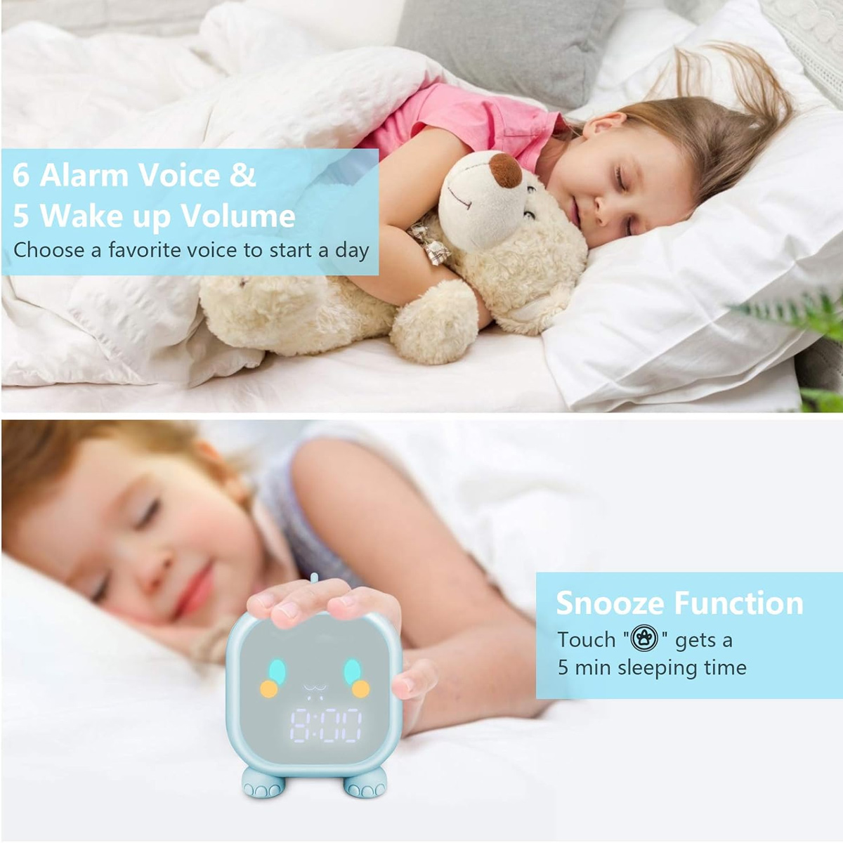 Ein Kind schläft friedlich in einem Bett und hält einen Teddybär, ein anderes berührt einen Wecker.
