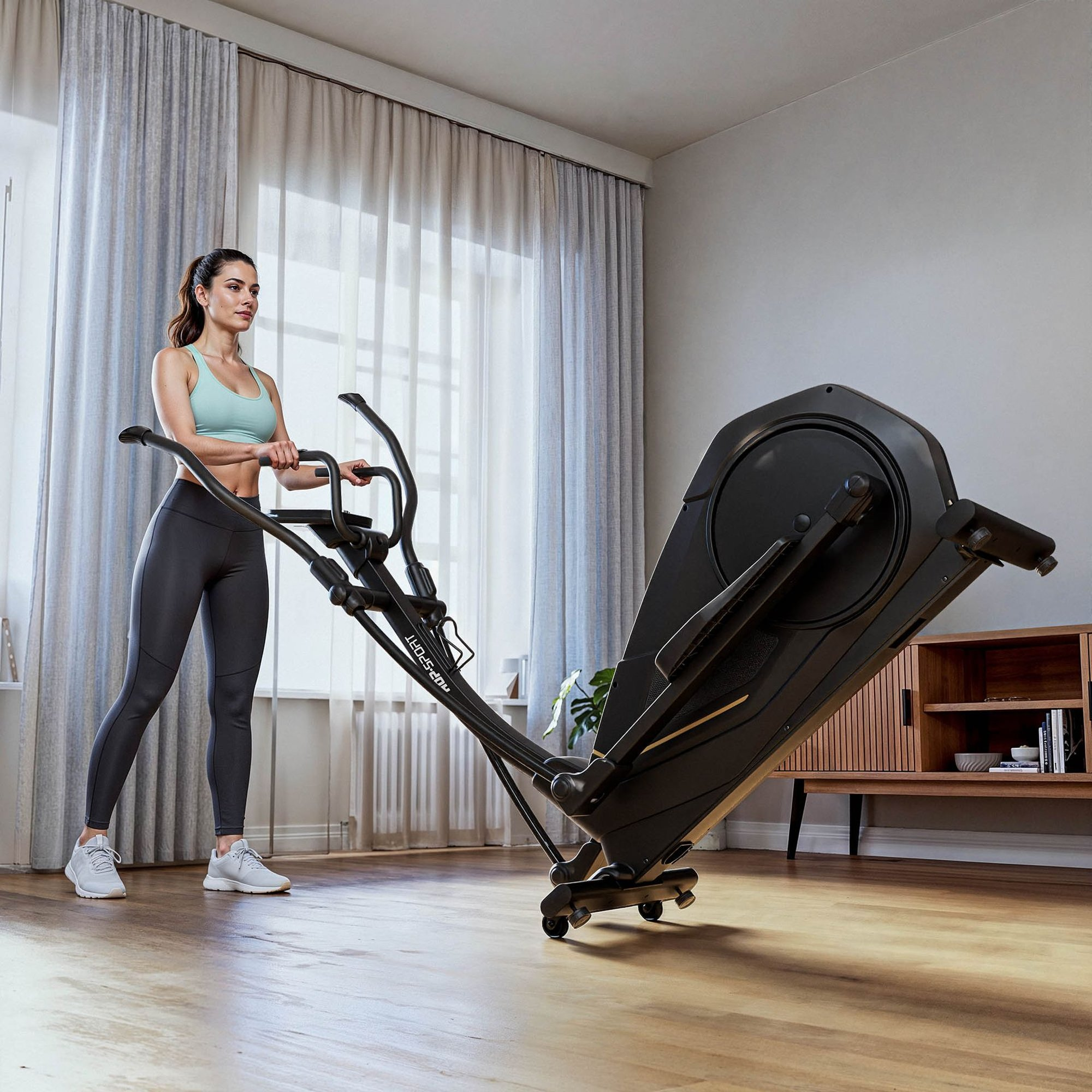 Eine Frau in Sportkleidung trainiert auf einem Crosstrainer in einem hellen Raum mit Holzfussboden.