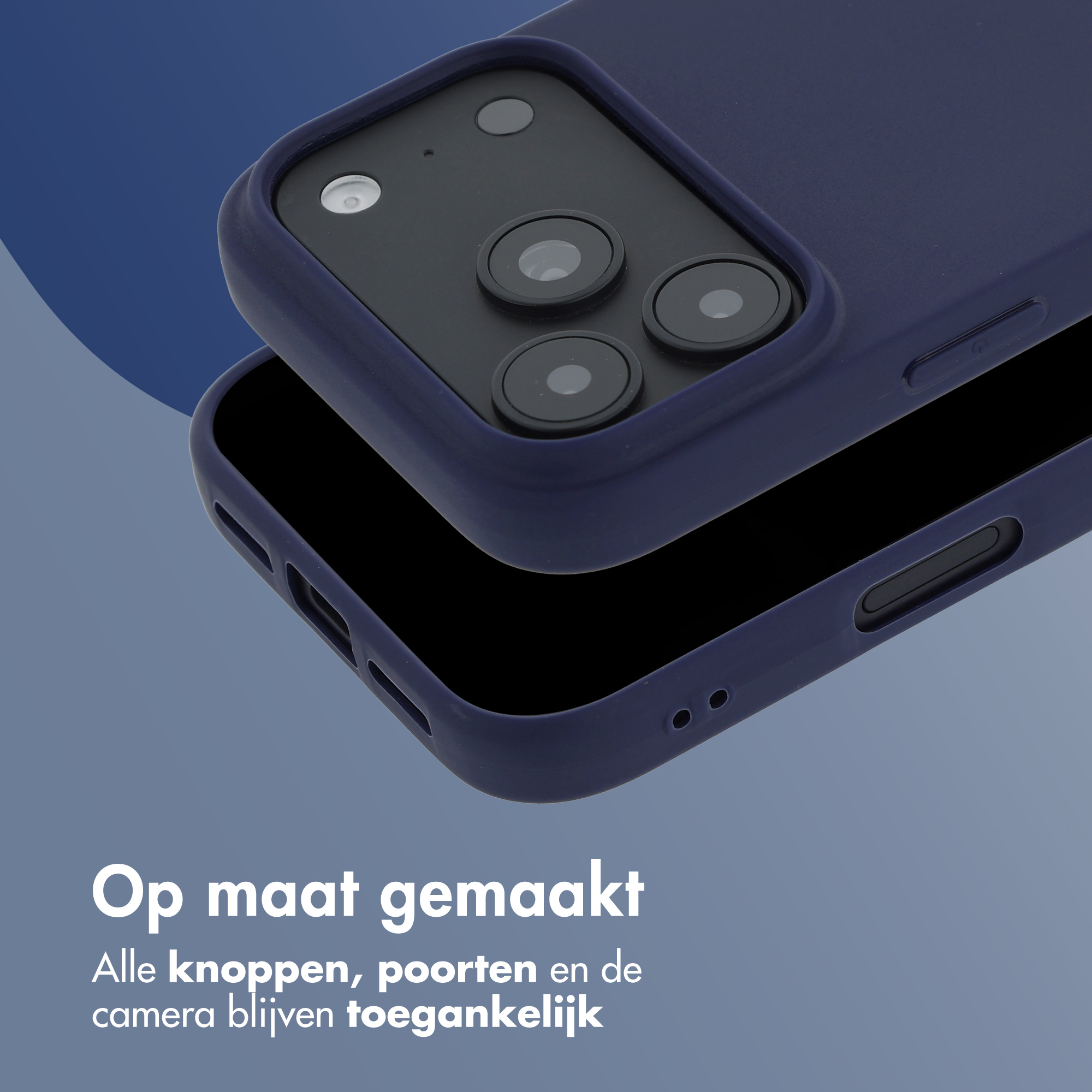 Een donkerblauwe telefoonhoes op een blauwe achtergrond met Nederlandse tekst.