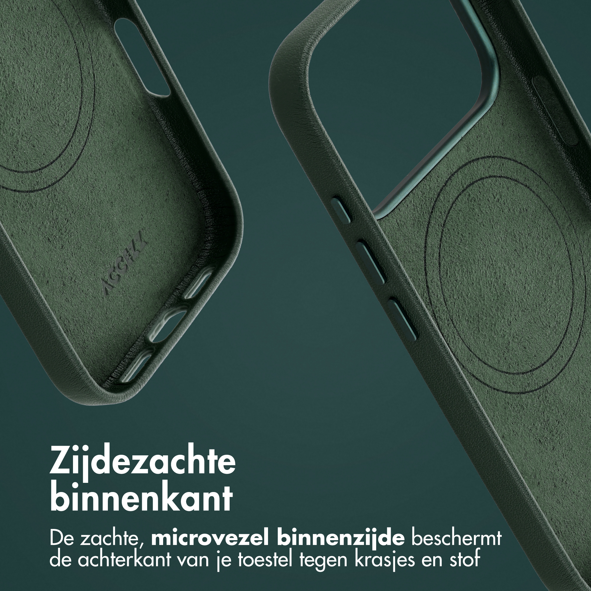 Deux coques de smartphone vertes avec intérieur en microfibre douce sur fond vert foncé.