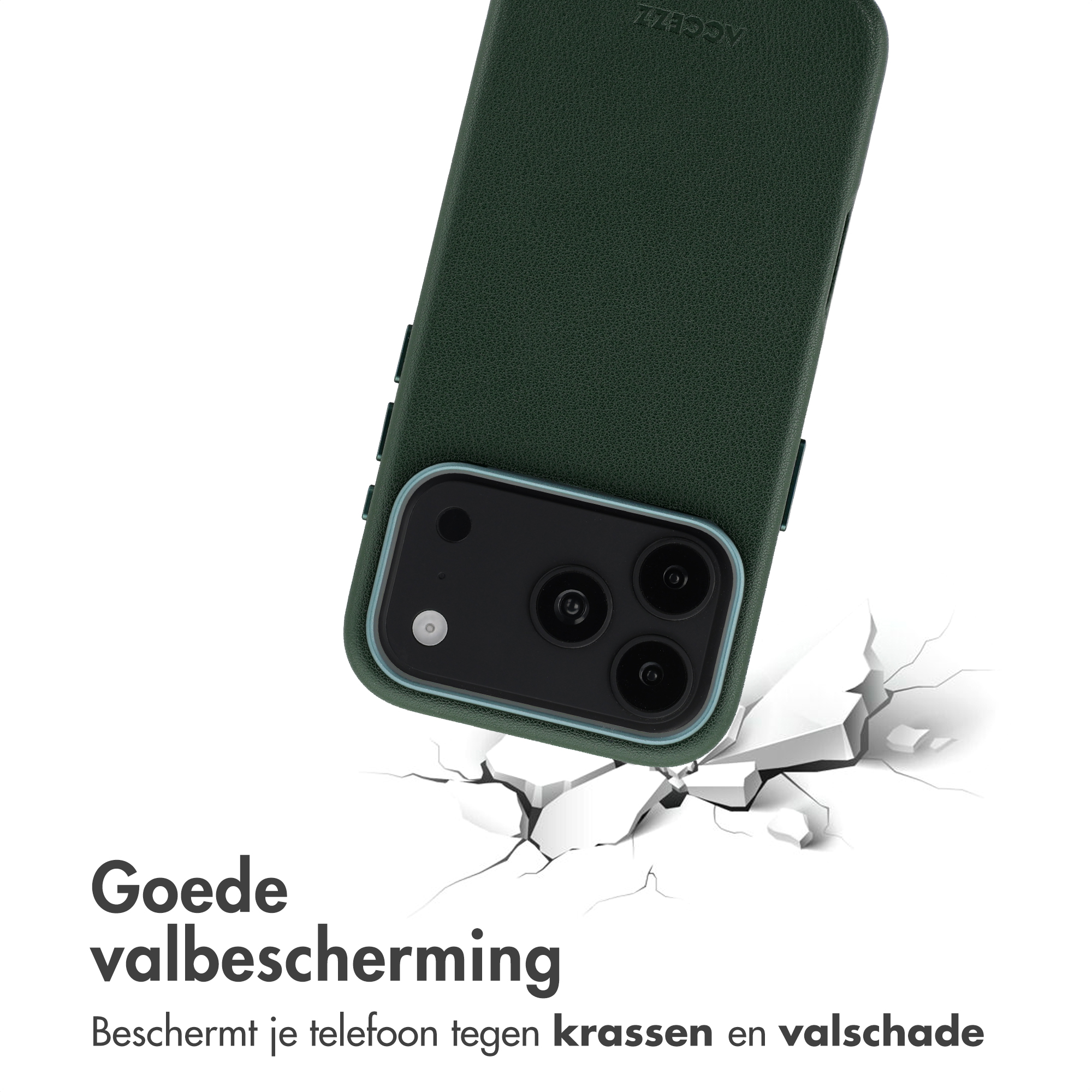 Une coque de téléphone vert foncé flotte au-dessus d'une surface blanche fissurée avec du texte.