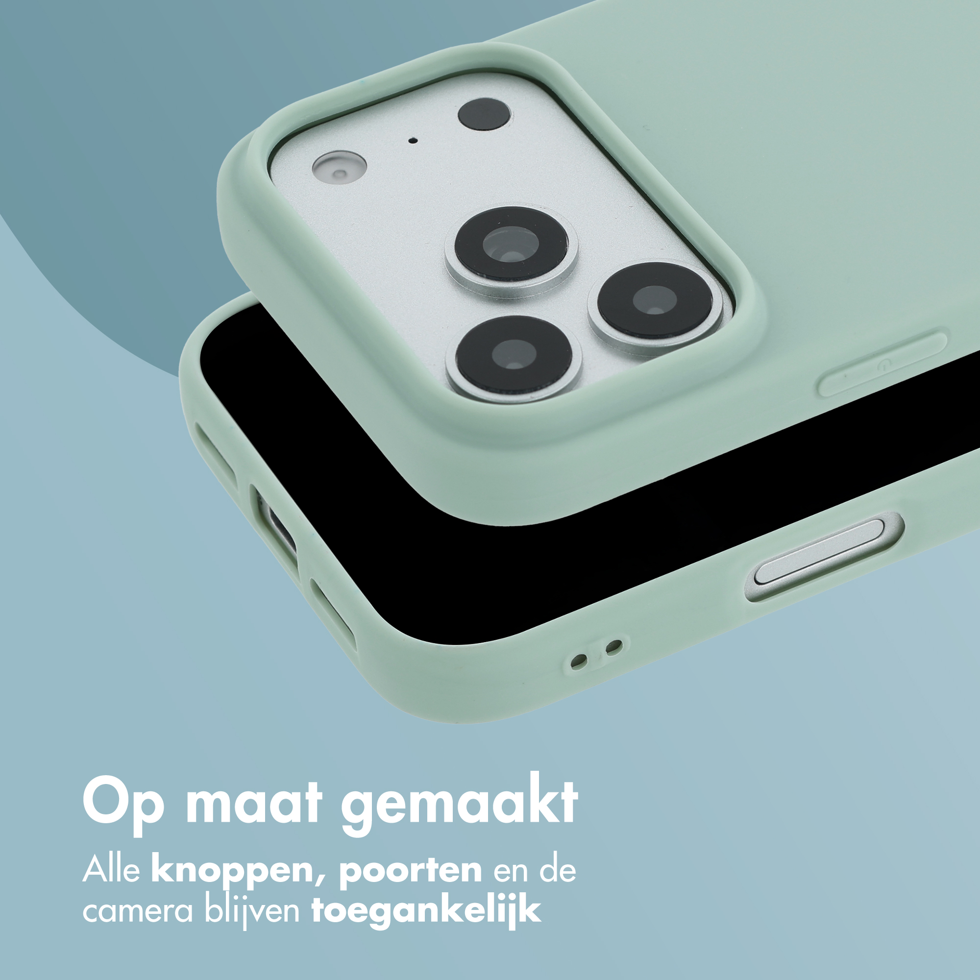 Twee smartphones in mintgroene hoesjes op een blauwe achtergrond met Nederlandse tekst.