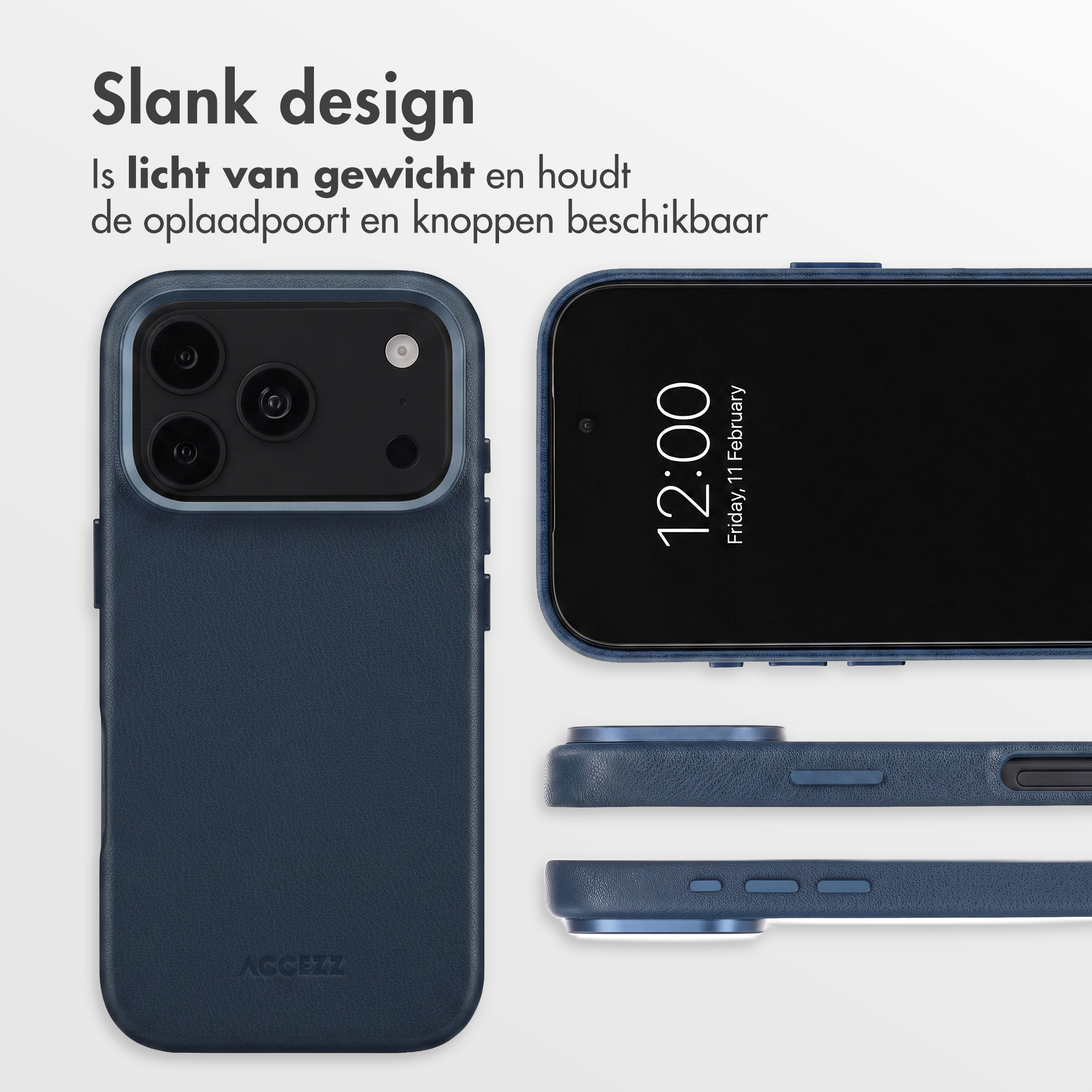 Eine blaue Smartphone-Hülle mit niederländischem Text und mehreren Ansichten des Telefons.