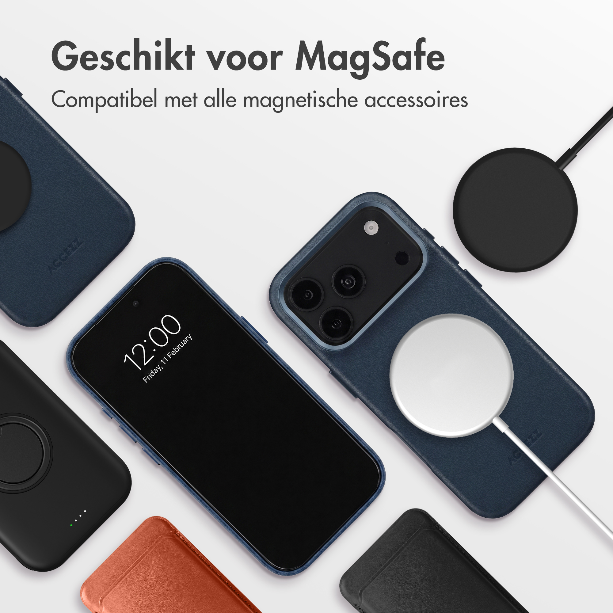 Blaue Smartphones mit MagSafe-Zubehör und Ladegerät auf weißem Hintergrund.