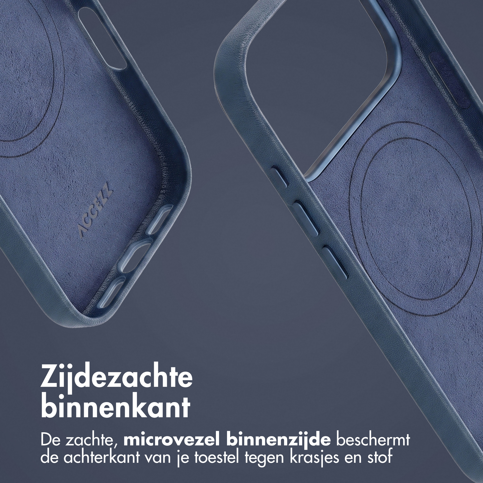Zwei blaue Handyhüllen mit weicher Mikrofaser-Innenseite vor dunklem Hintergrund, unten niederländischer Text.