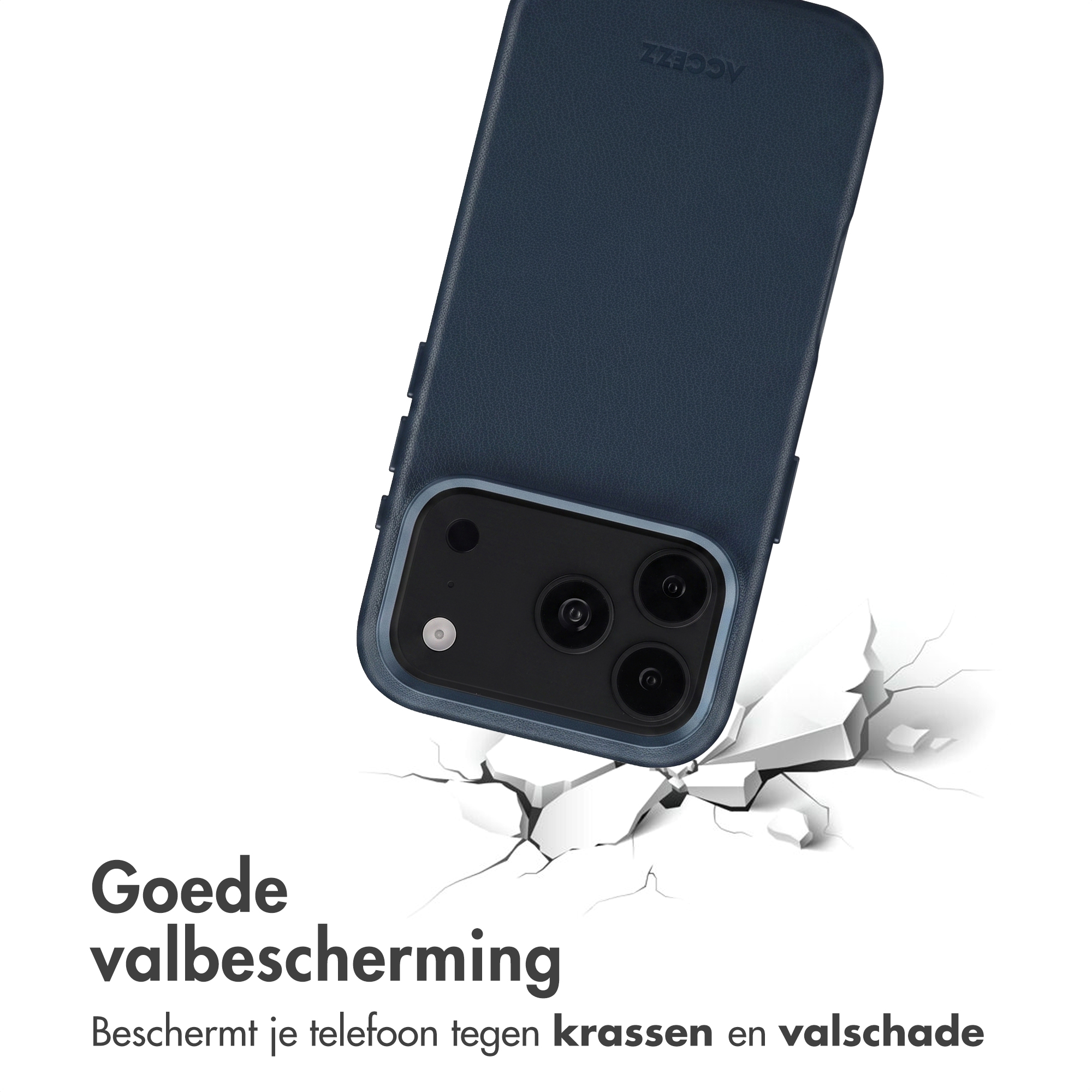 Eine dunkelblaue Handyhülle schwebt über aufbrechendem weißen Boden mit niederländischem Text zum Schutz.