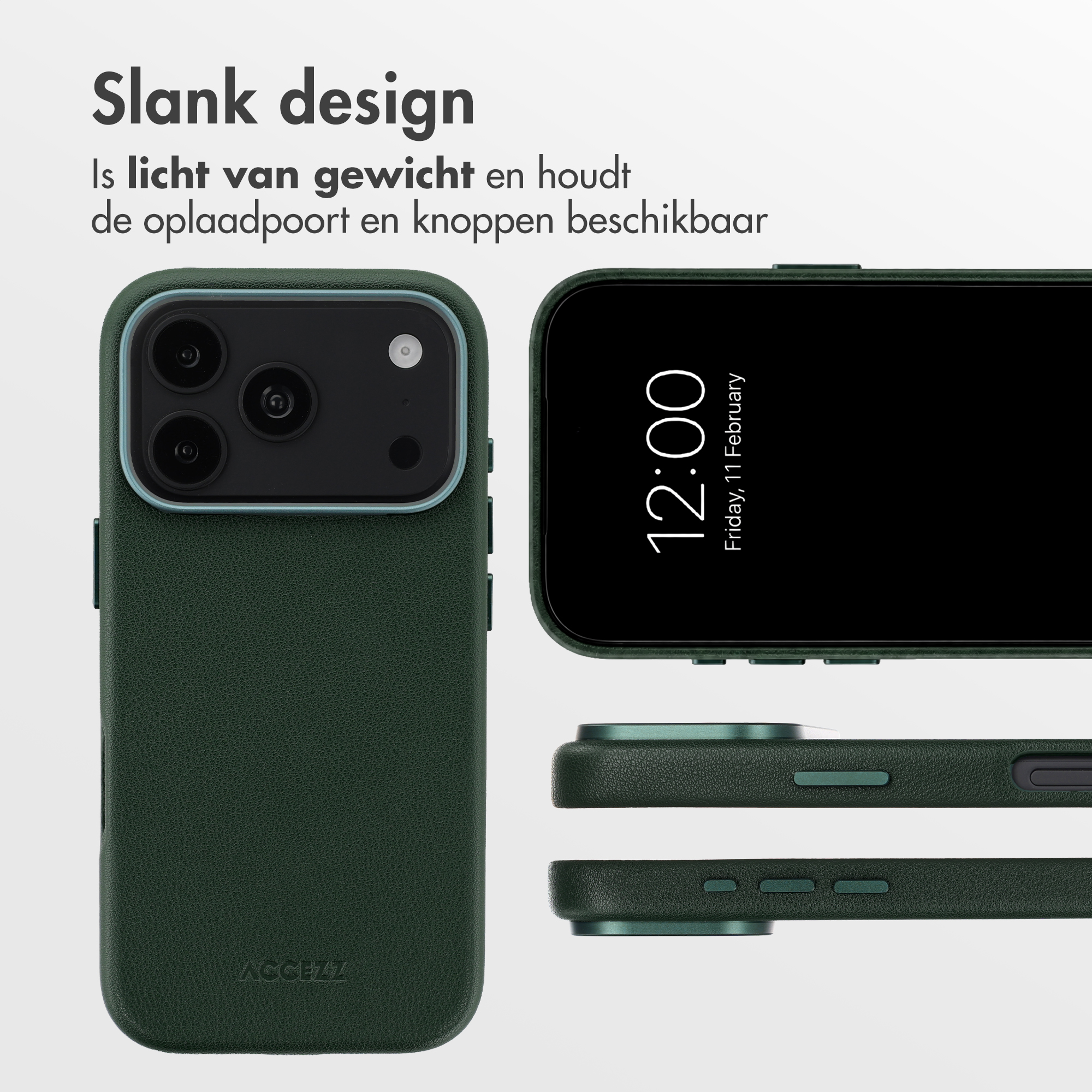 Gruenes Smartphone in einer schlanken Huelle mit sichtbaren Kameras, Tasten und dem Display mit Uhrzeit.
