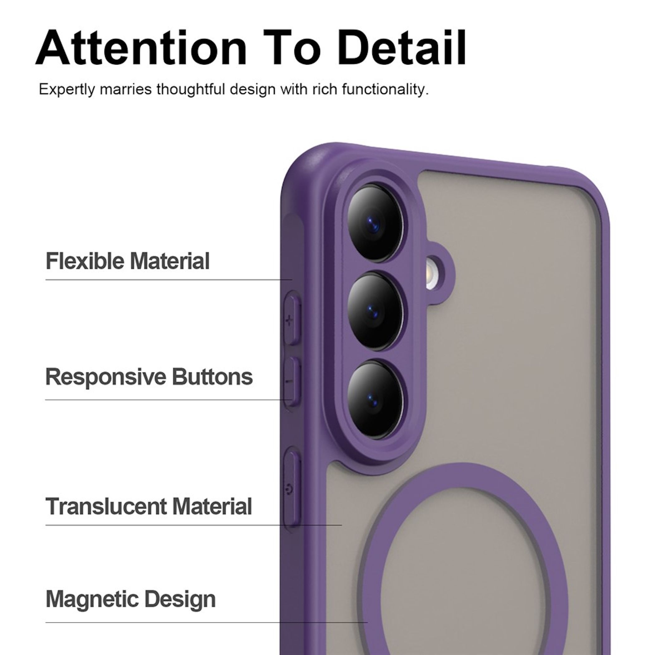 Lila Smartphone-Hülle mit Kameraaussparung, flexibelem Material, Knöpfen und magnetischem Design.